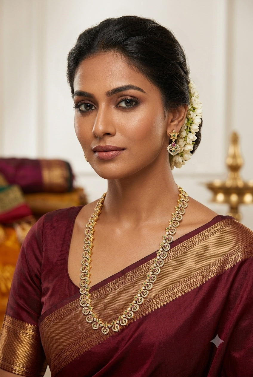 AD Long Necklace Set with Antique Finish