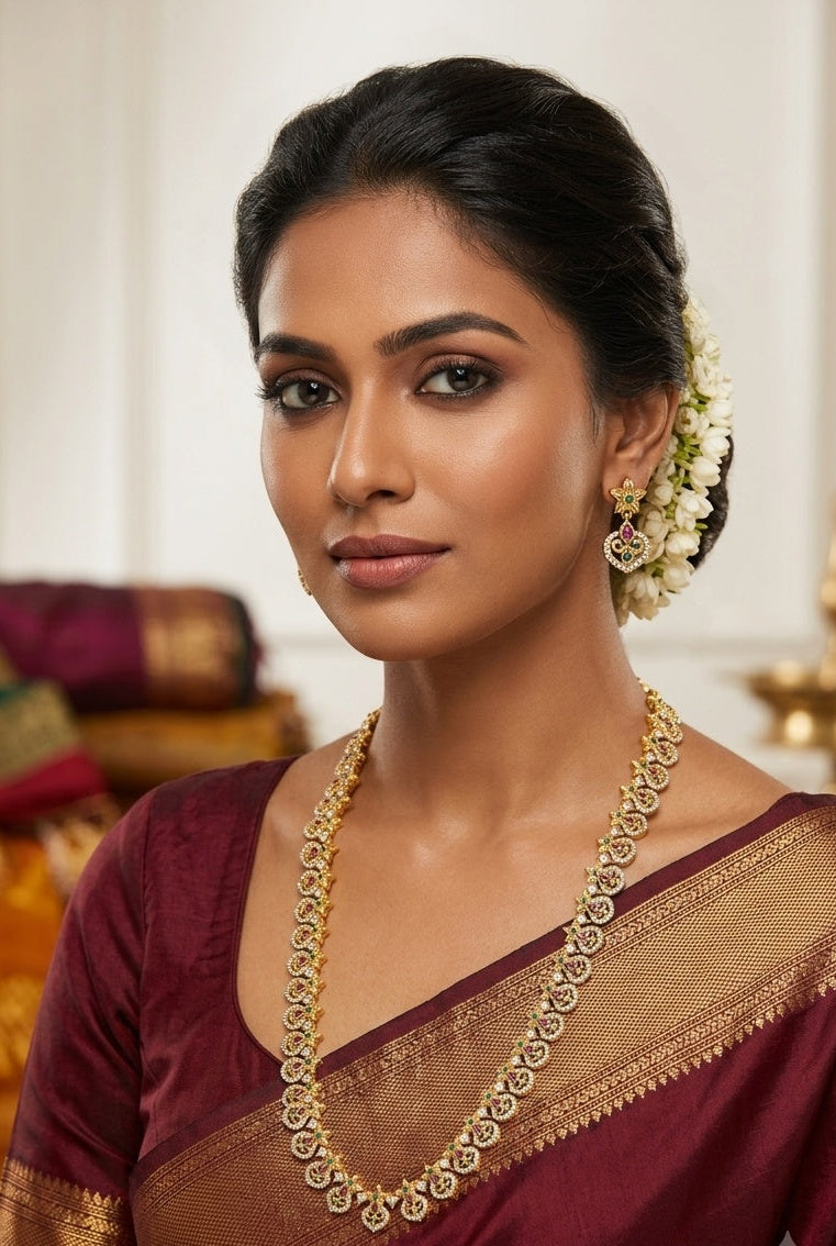 AD Long Necklace Set with Antique Finish