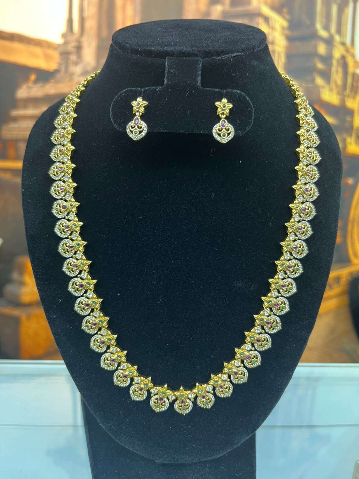 AD Long Necklace Set with Antique Finish