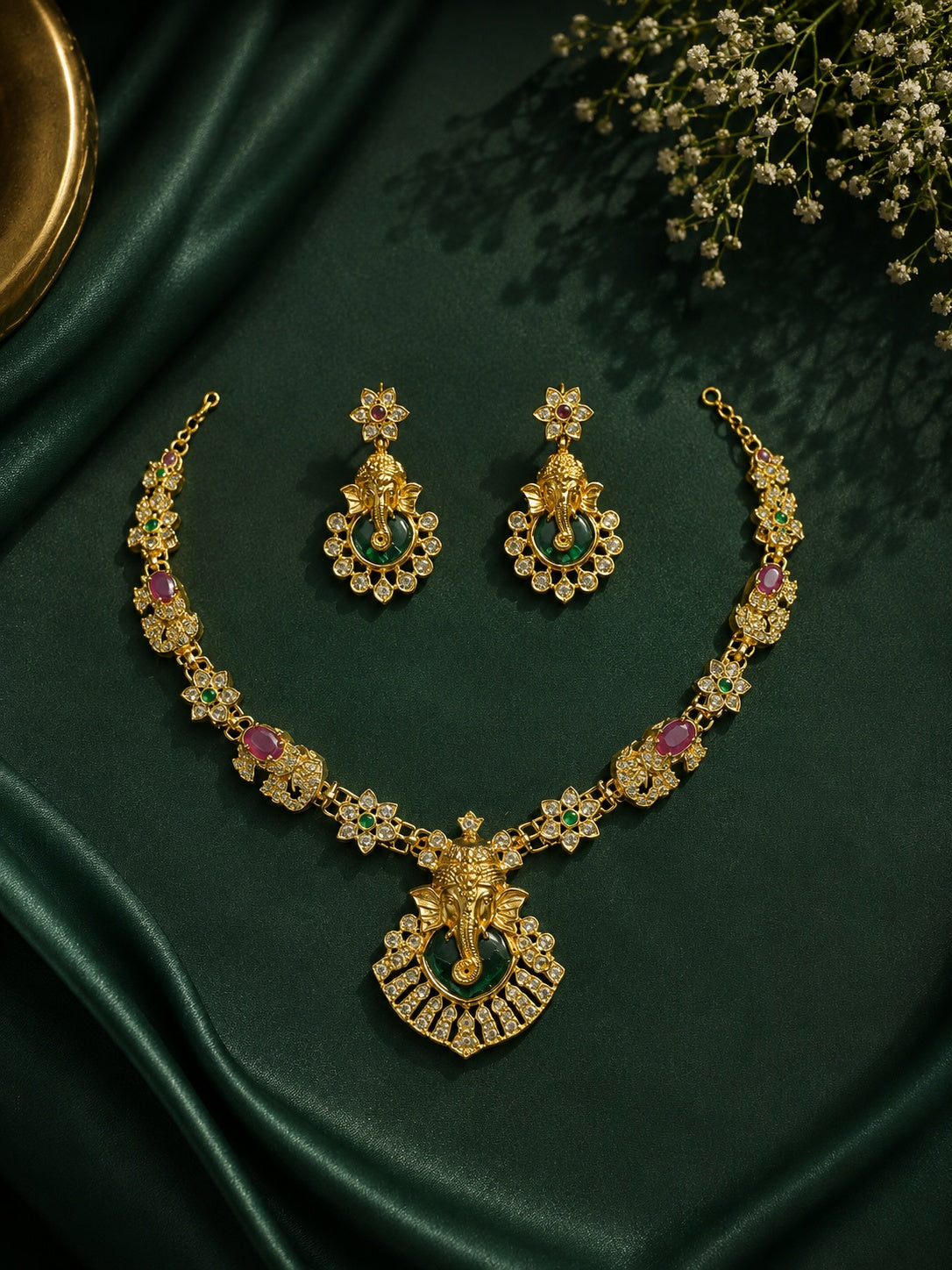 AD Necklace Set with Ganesh Face and Antique Finish
