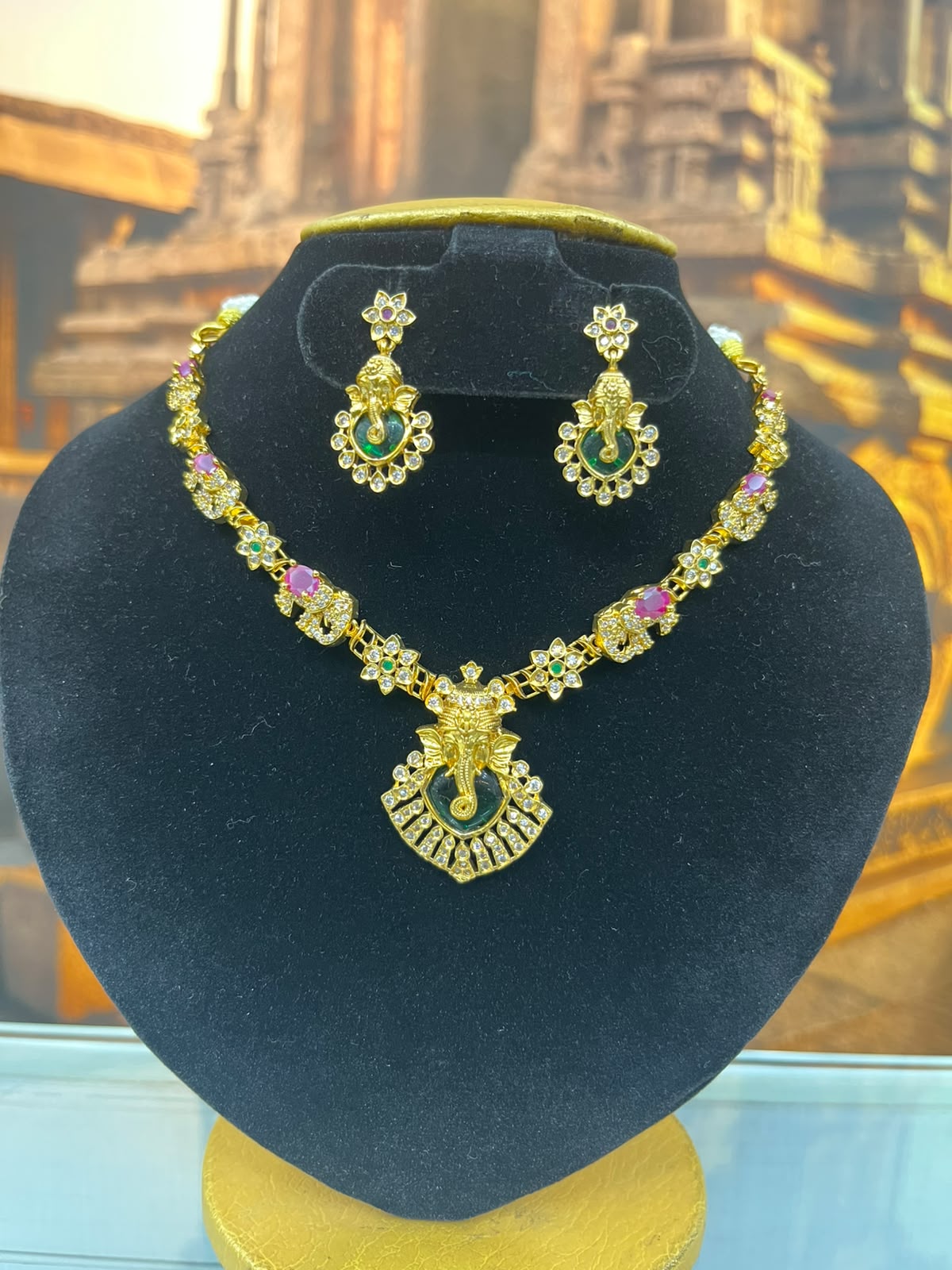 AD Necklace Set with Ganesh Face and Antique Finish