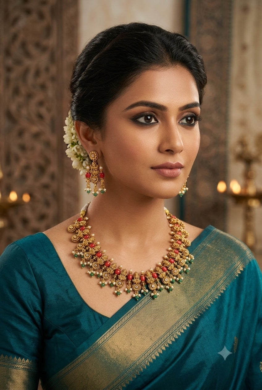 TempleShort Necklace Set with Coral Stones