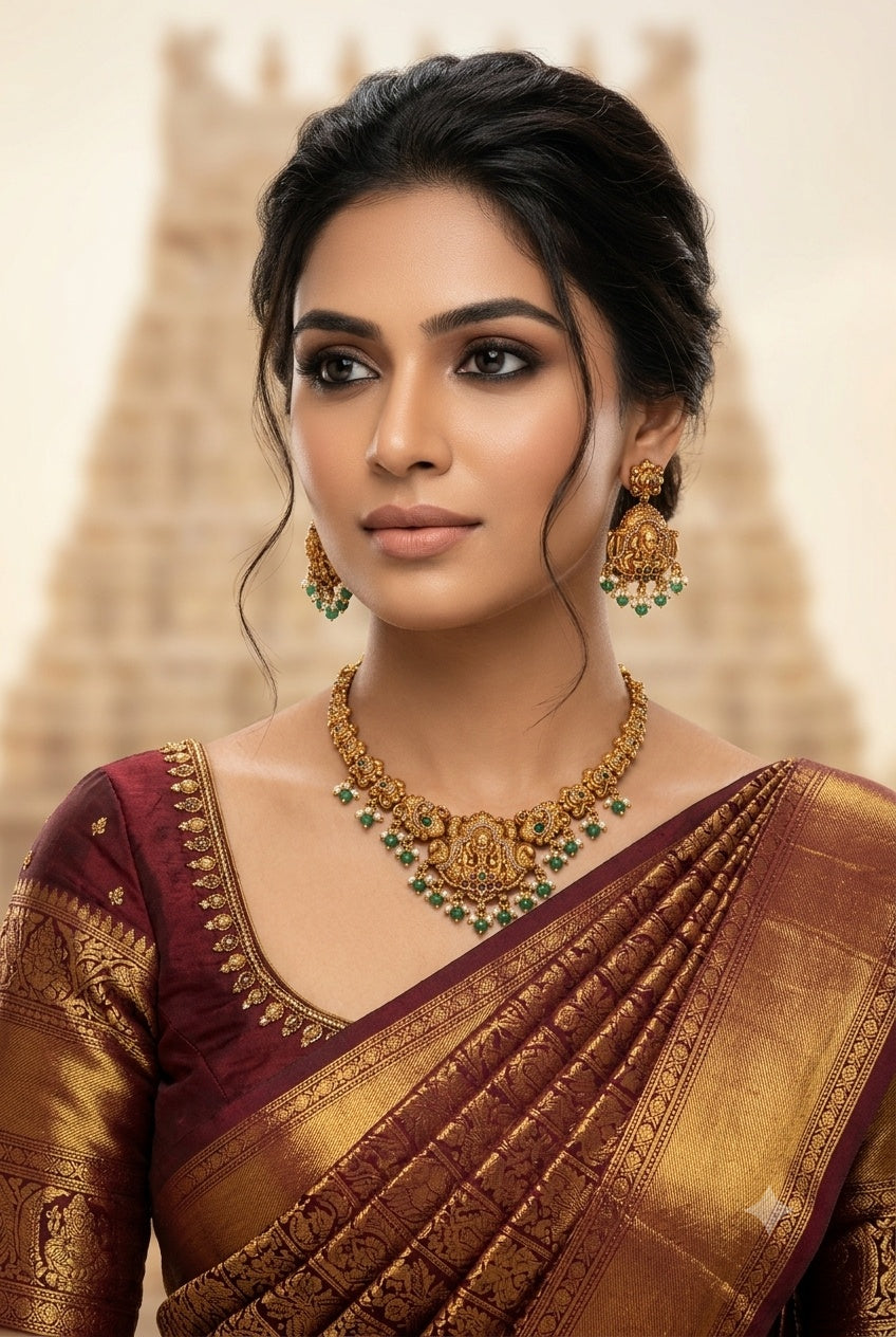 Temple Short necklace Set with AD Stones