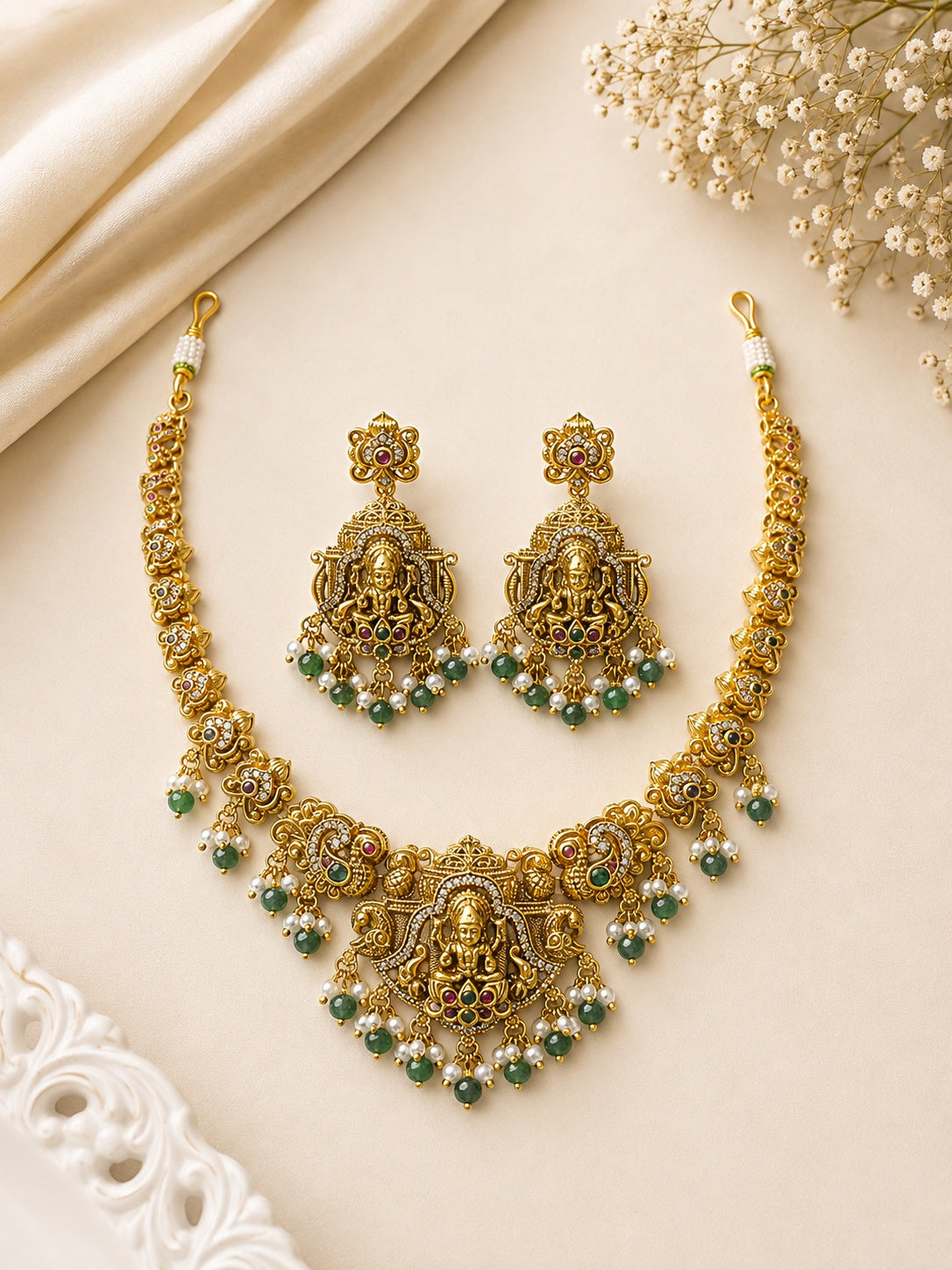 Temple Short necklace Set with AD Stones