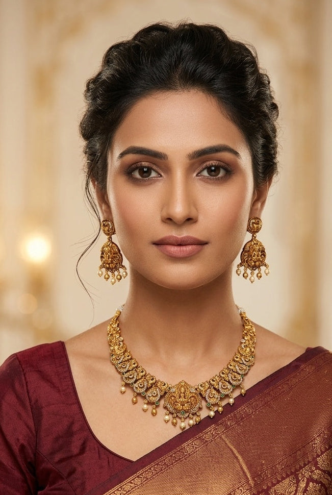 Temple Short necklace Set with AD Stones