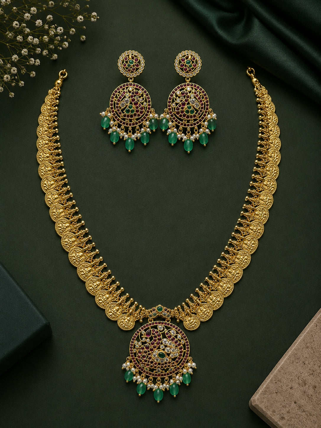 Kundan Jadau Long Necklace Set with Kasu Design