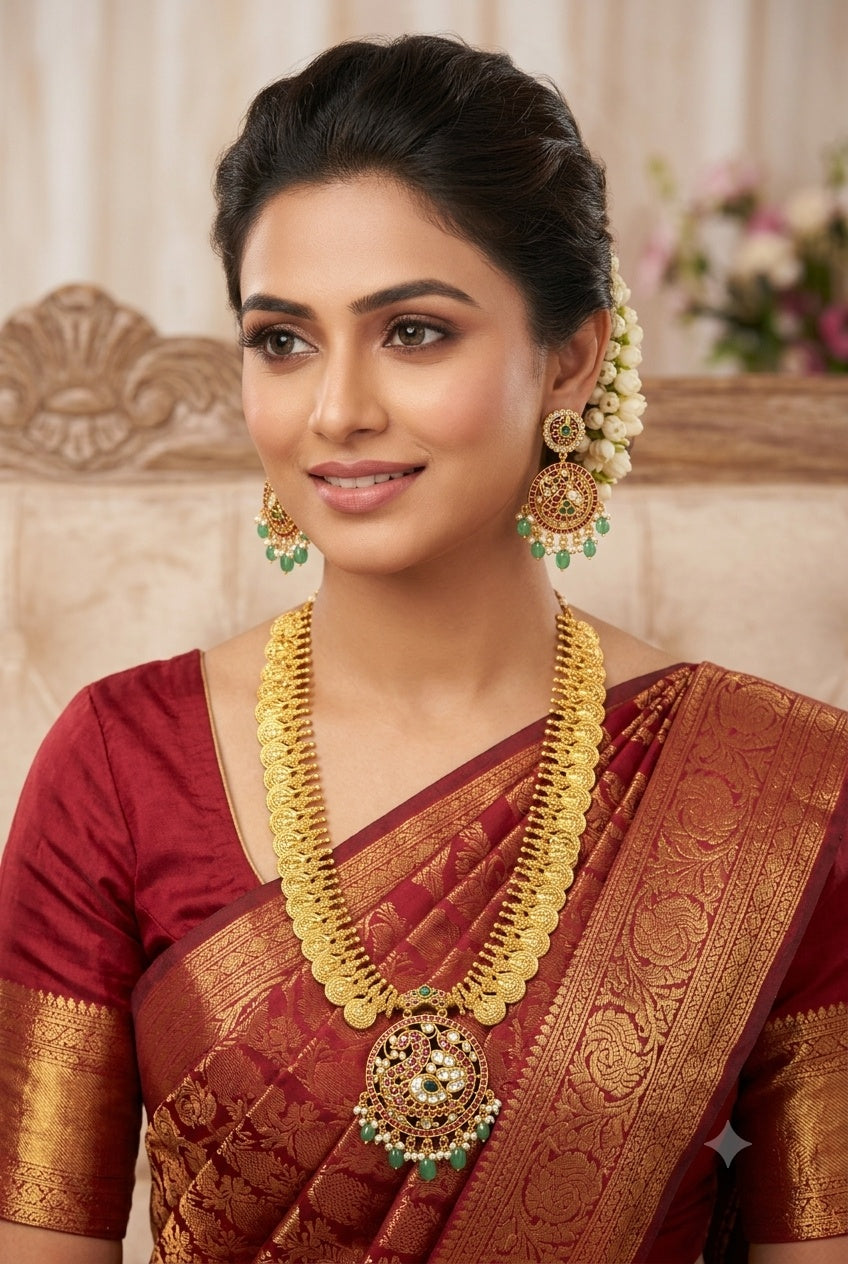 Kundan Jadau Long Necklace Set with Kasu Design