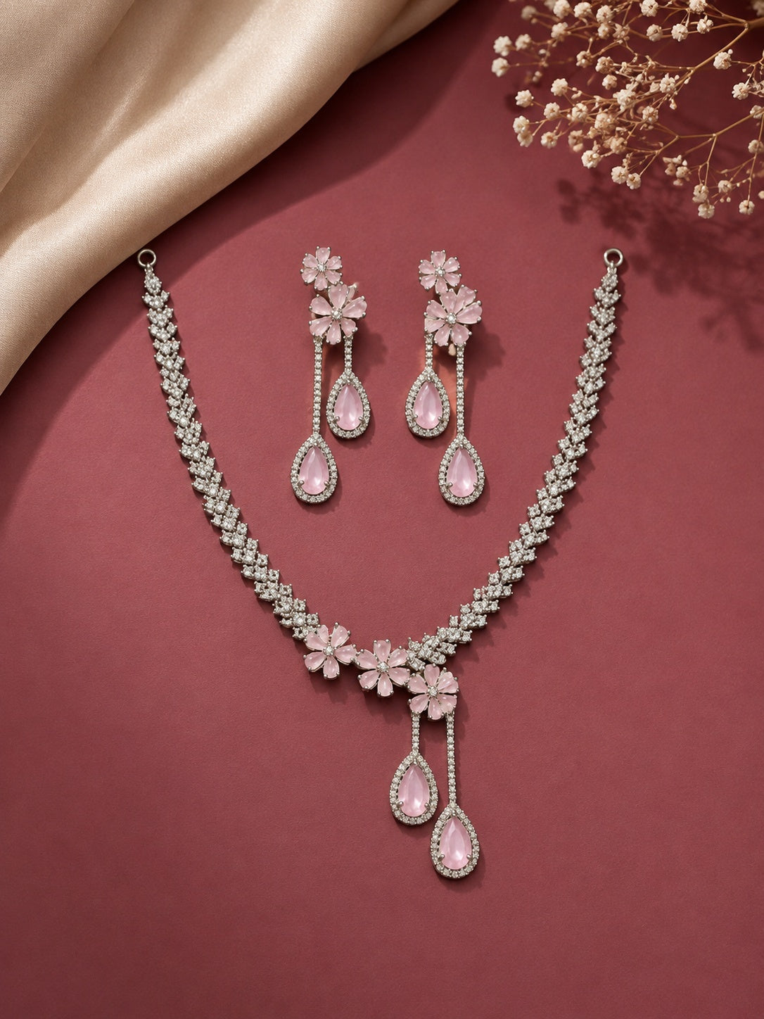 White Gold Plated AD Necklace Set