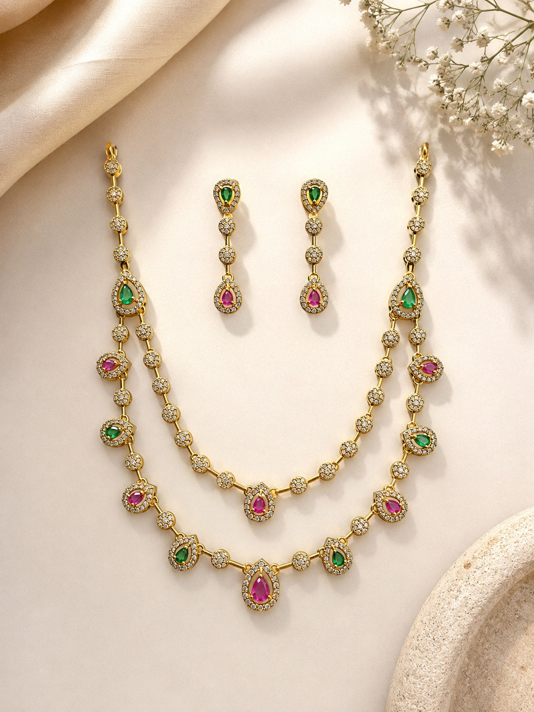 Gold Plated Double line CZ Necklace Set