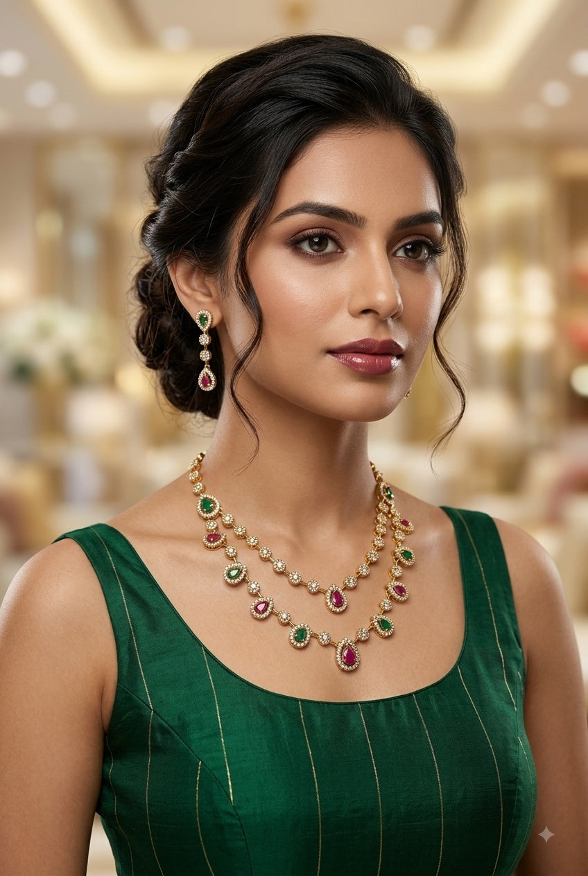 Gold Plated Double line CZ Necklace Set
