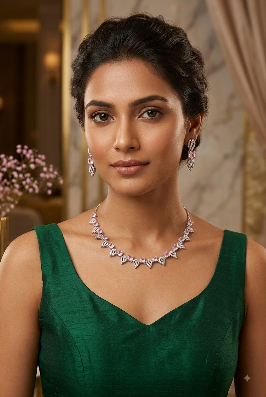White Gold Plated AD Necklace Set