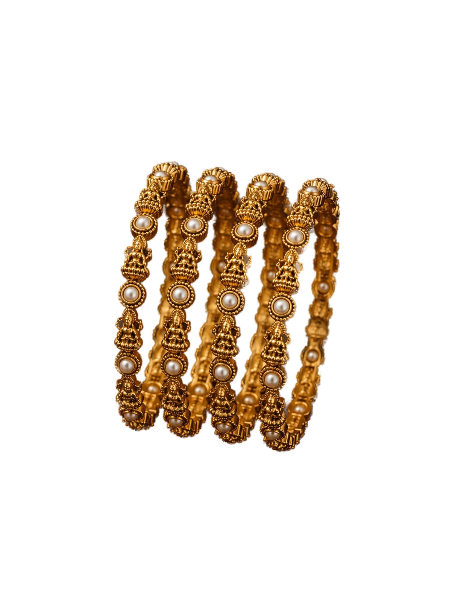 Set of 4 Gold-Plated Antique Bangles with pearls