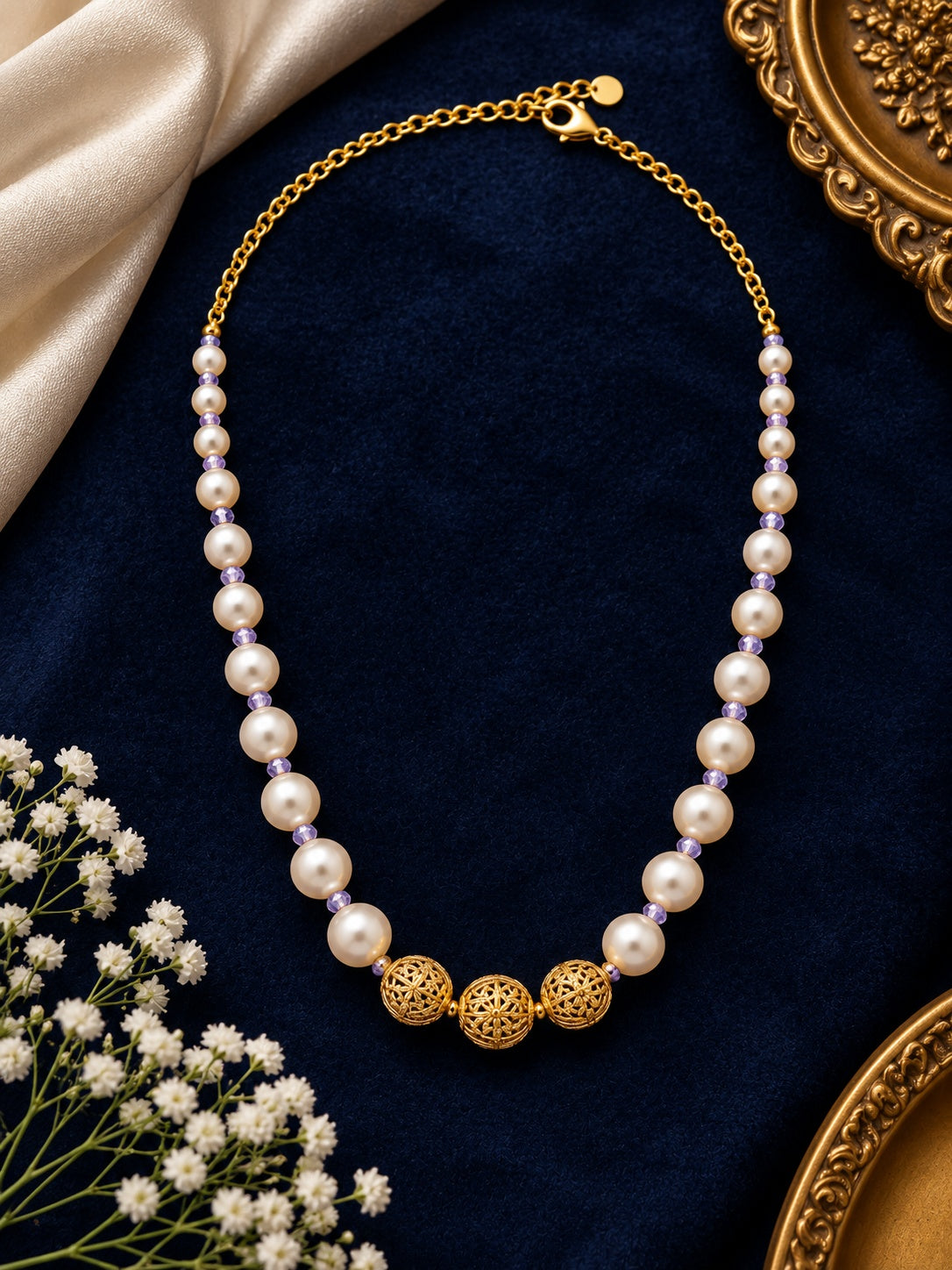 Swarovski Pearls with Gundu and Natural Stones in a Micro gold plated Chain