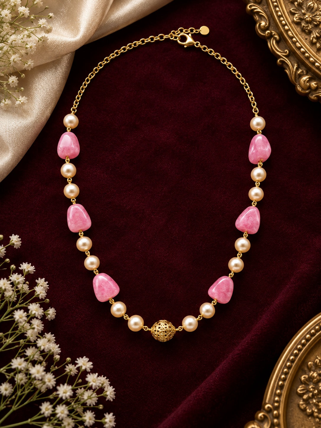 Swarovski Pearls with Gundu and Natural Stones in a Micro gold plated Chain