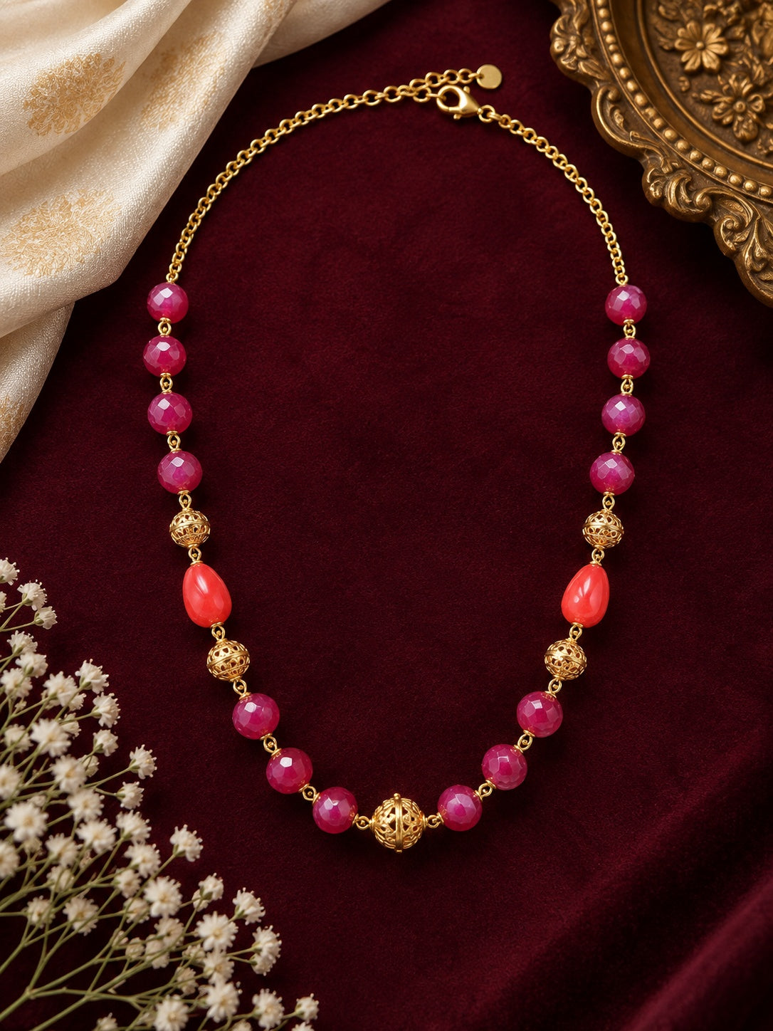 Swarovski Pearls with Gundu and Natural Stones in a Micro gold plated Chain