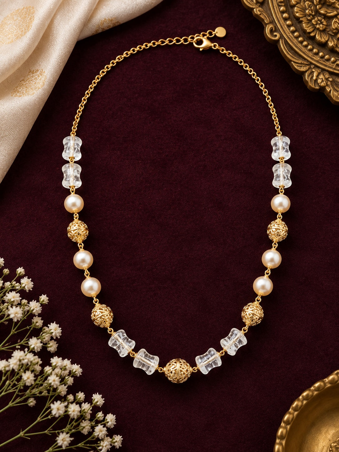 Swarovski Pearls with Gundu and Natural Stones in a Micro gold plated Chain