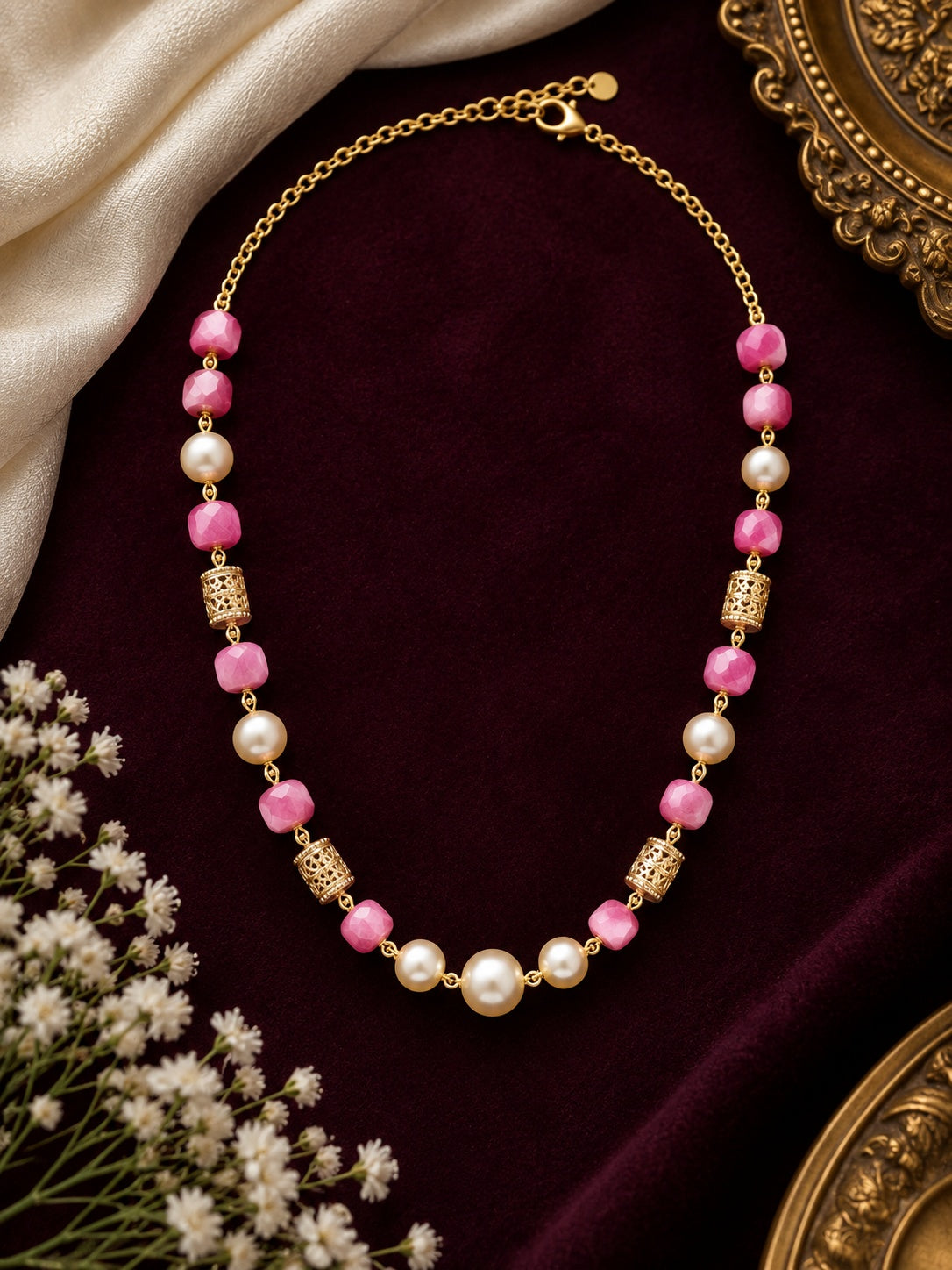 Swarovski Pearls with Gundu and Natural Stones in a Micro gold plated Chain