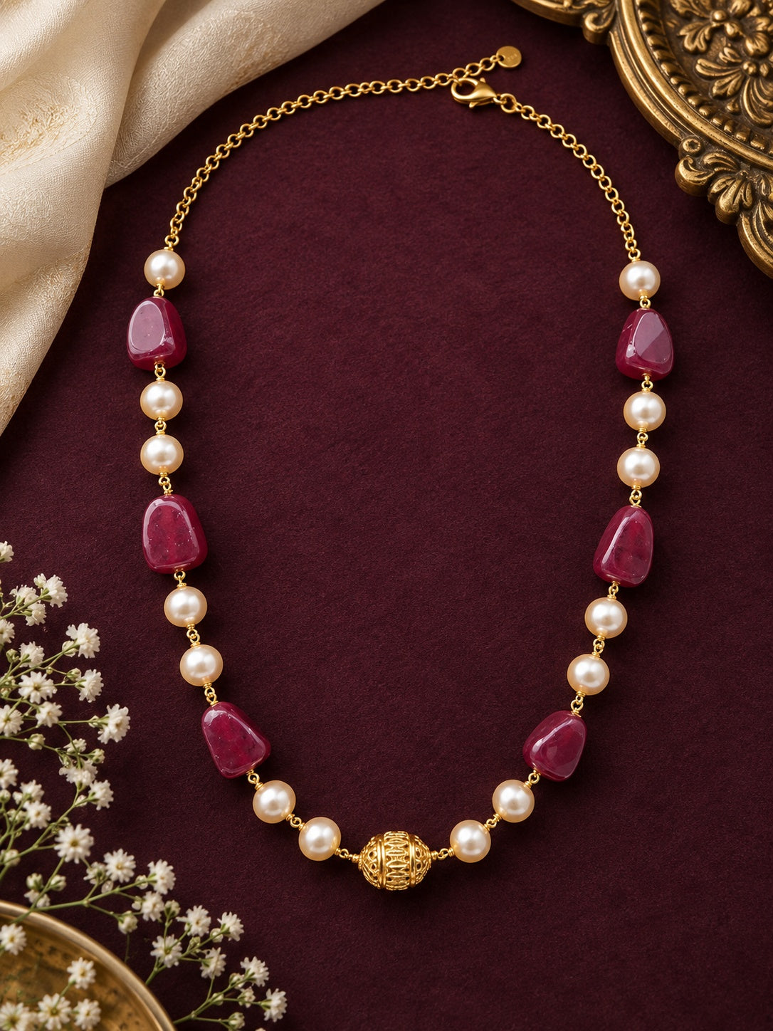 Swarovski Pearls with Gundu and Natural Stones in a Micro gold plated Chain
