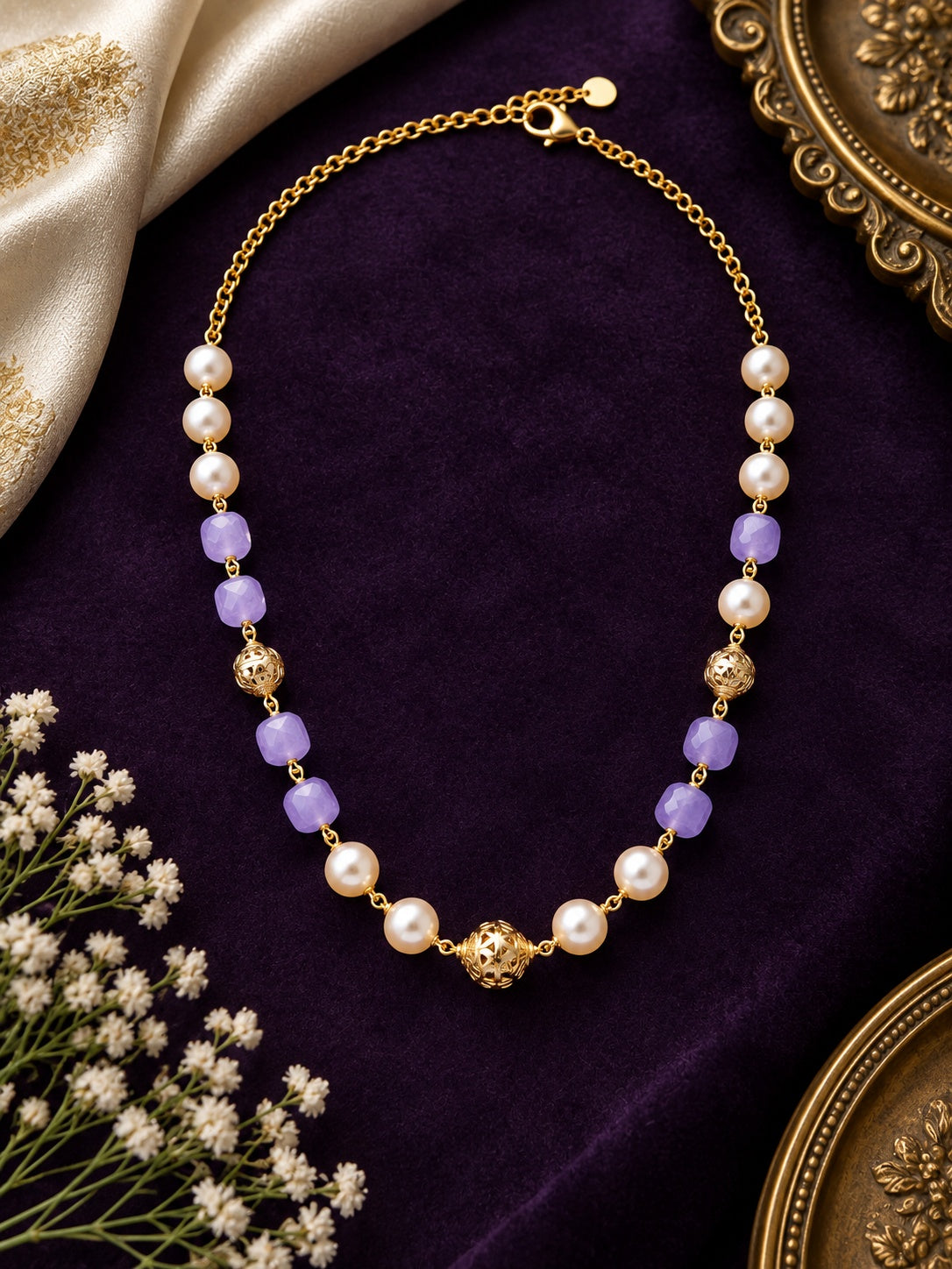 Swarovski Pearls with Gundu and Natural Stones in a Micro gold plated Chain