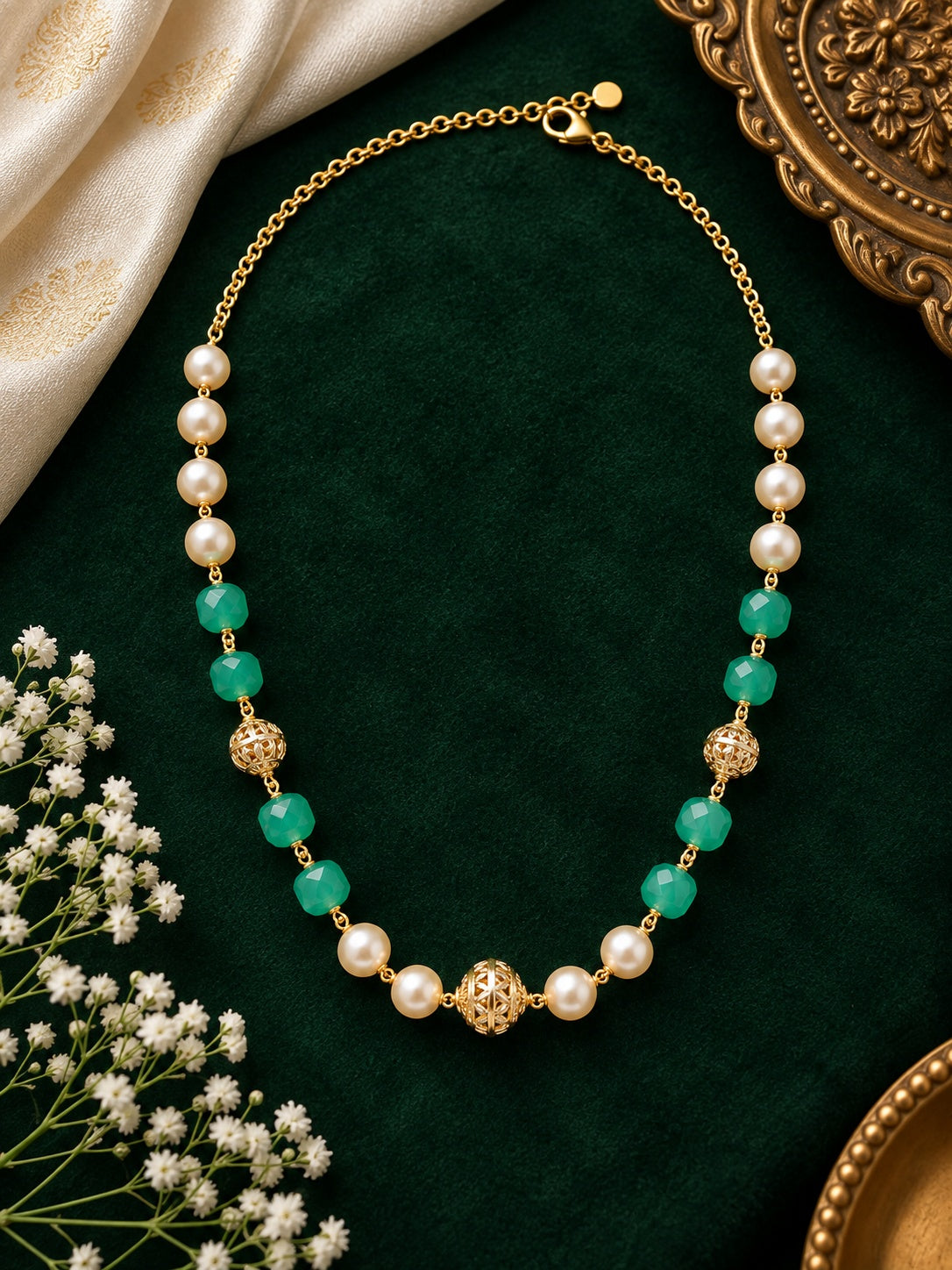 Swarovski Pearls with Gundu and Natural Stones in a Micro gold plated Chain