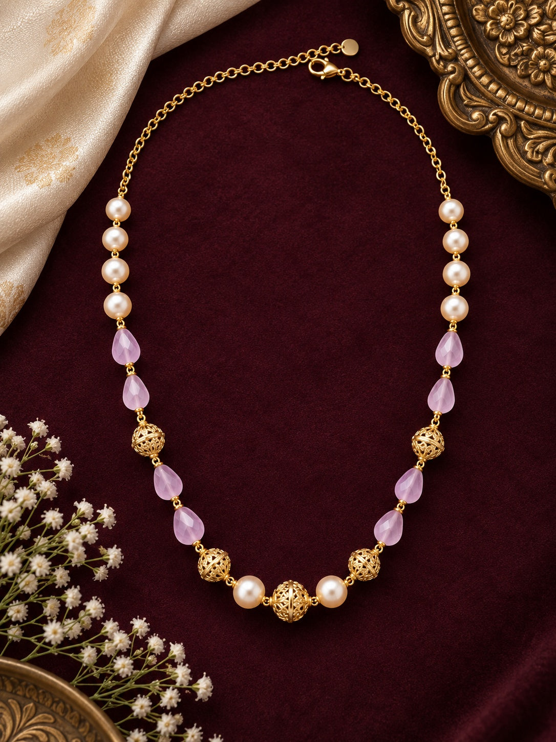Swarovski Pearls with Gundu and Natural Stones in a Micro gold plated Chain