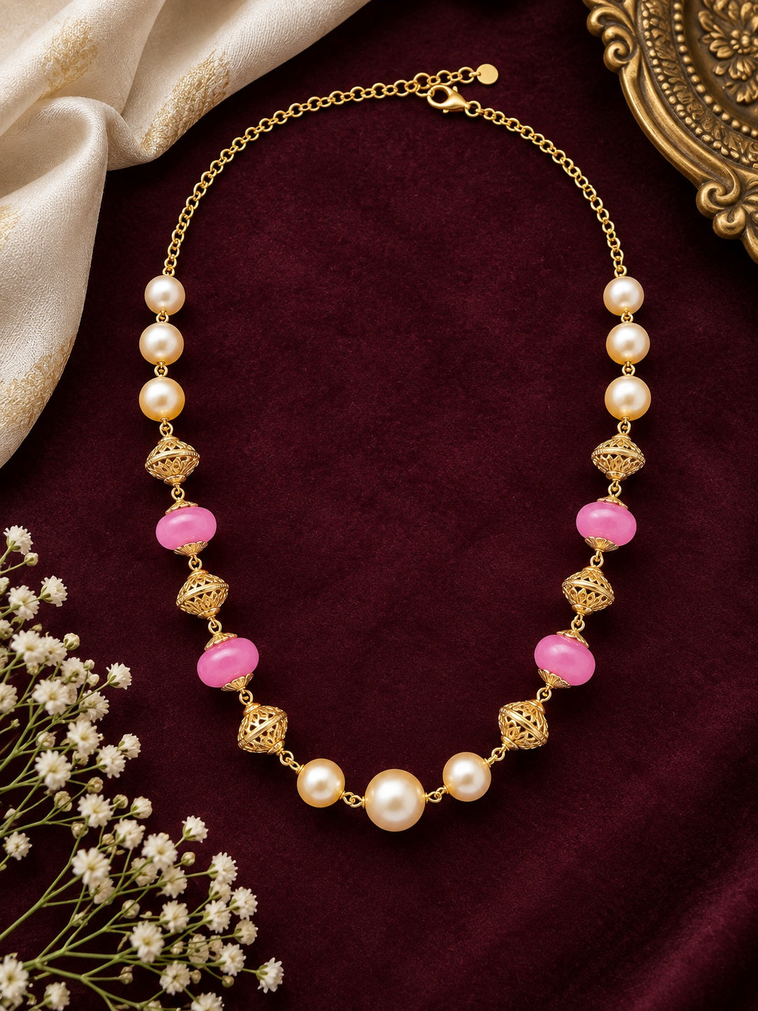Swarovski Pearls with Gundu and Natural Stones in a Micro gold plated Chain
