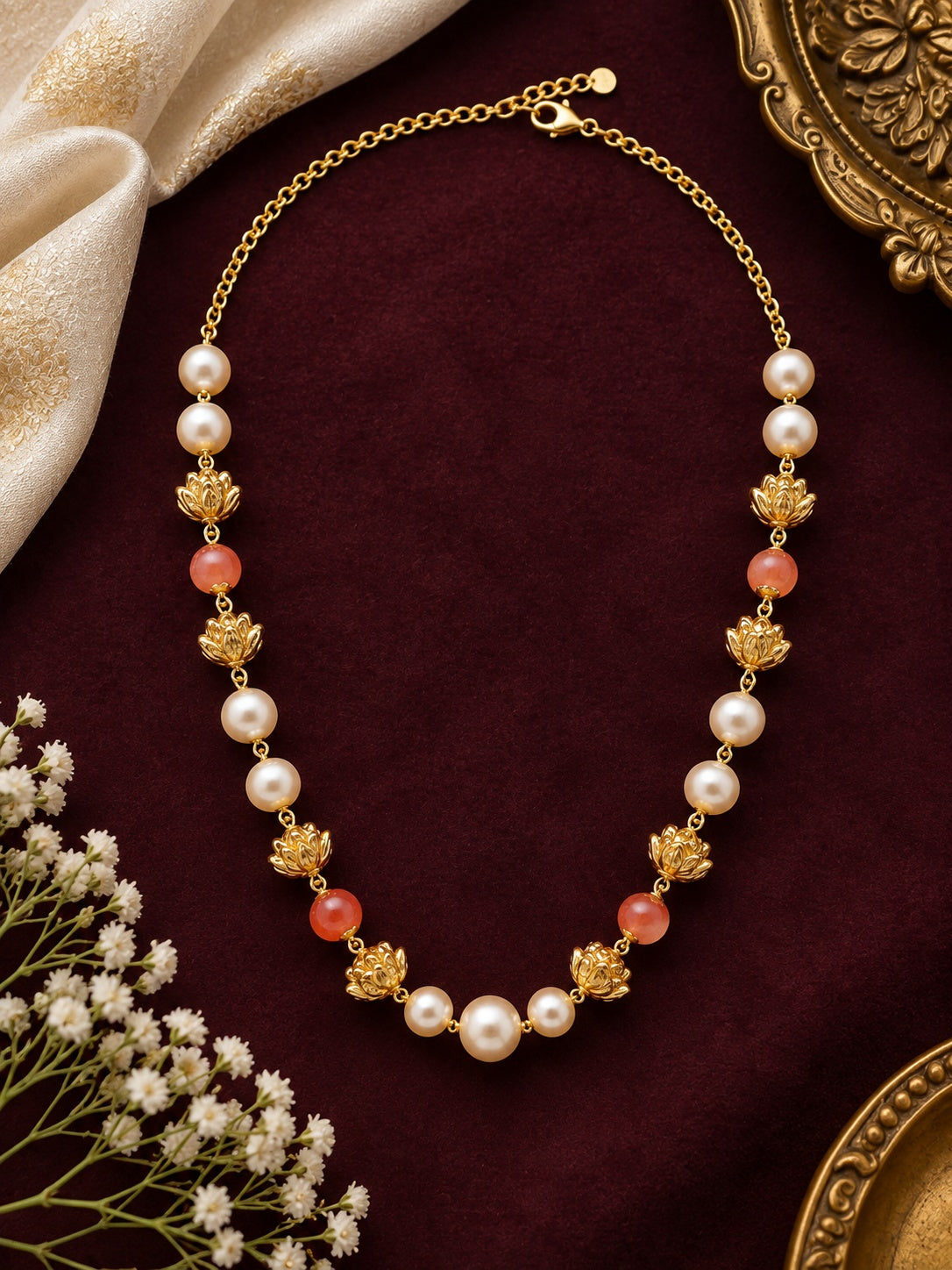 Swarovski Pearls with Gundu and Natural Stones in a Micro gold plated Chain