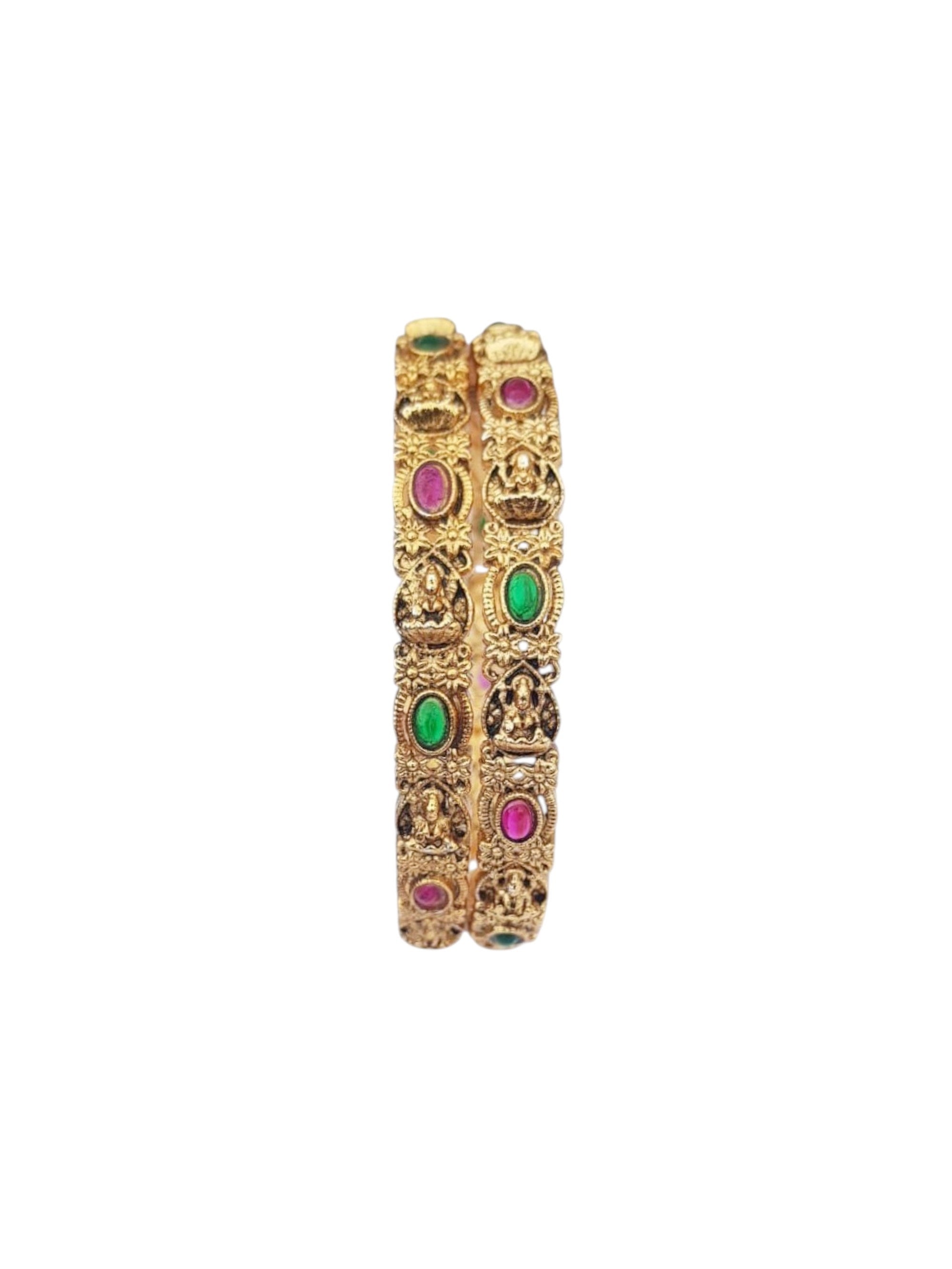 Gold plated Antique bangle with multicolor stones with Laxmi Set of 2 bangles