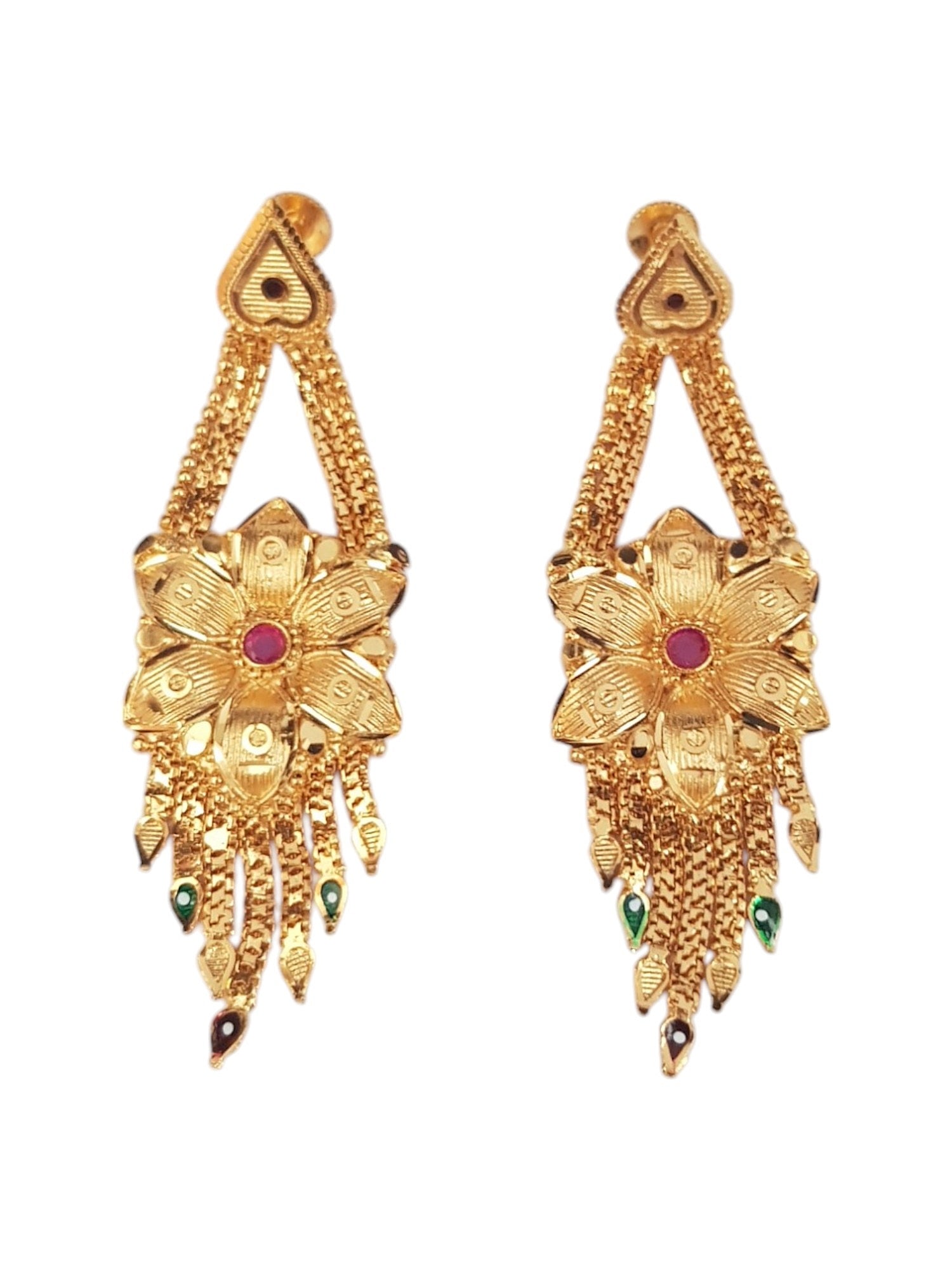 Gold Plated Floral Hangings Earrings with ruby green stone