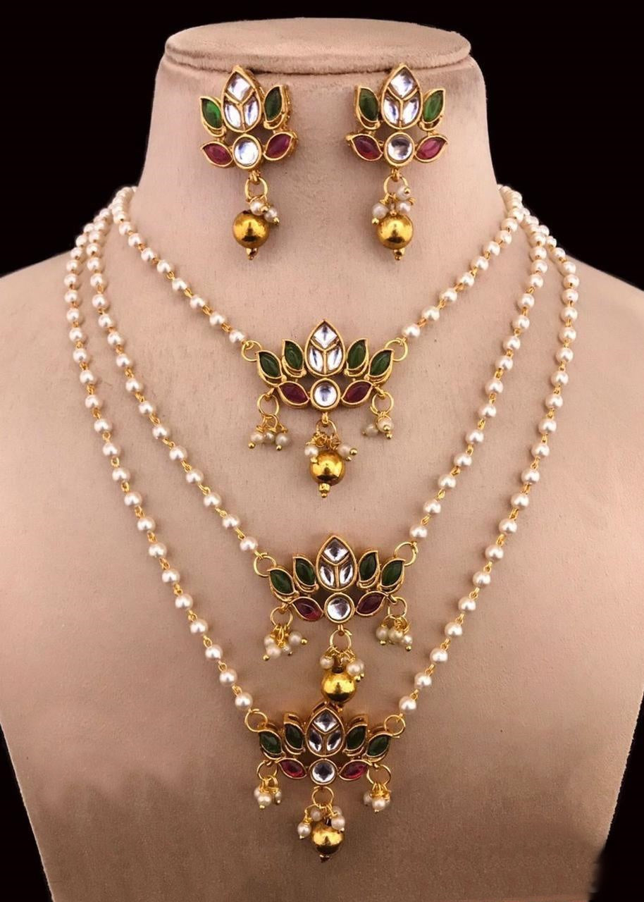 3Layer Gold Finish Designer Multicolor stones lotus Necklace Set 22128N