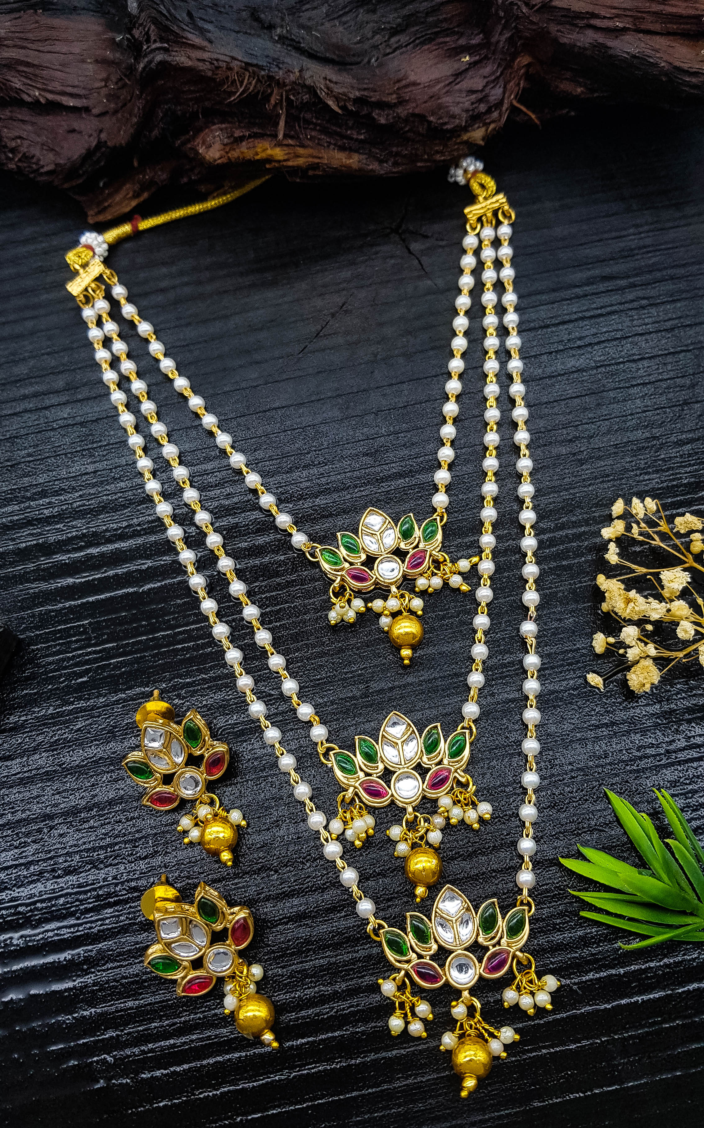 3Layer Gold Finish Designer Multicolor stones lotus Necklace Set 22128N
