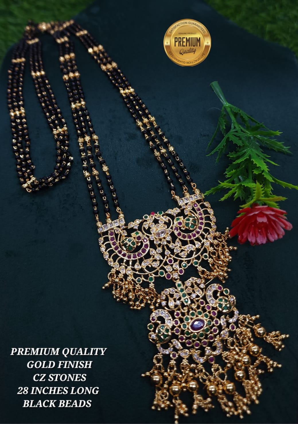 3Line Gold Plated Black bead Managalsutram 28 inches MRG06A-450-14350N