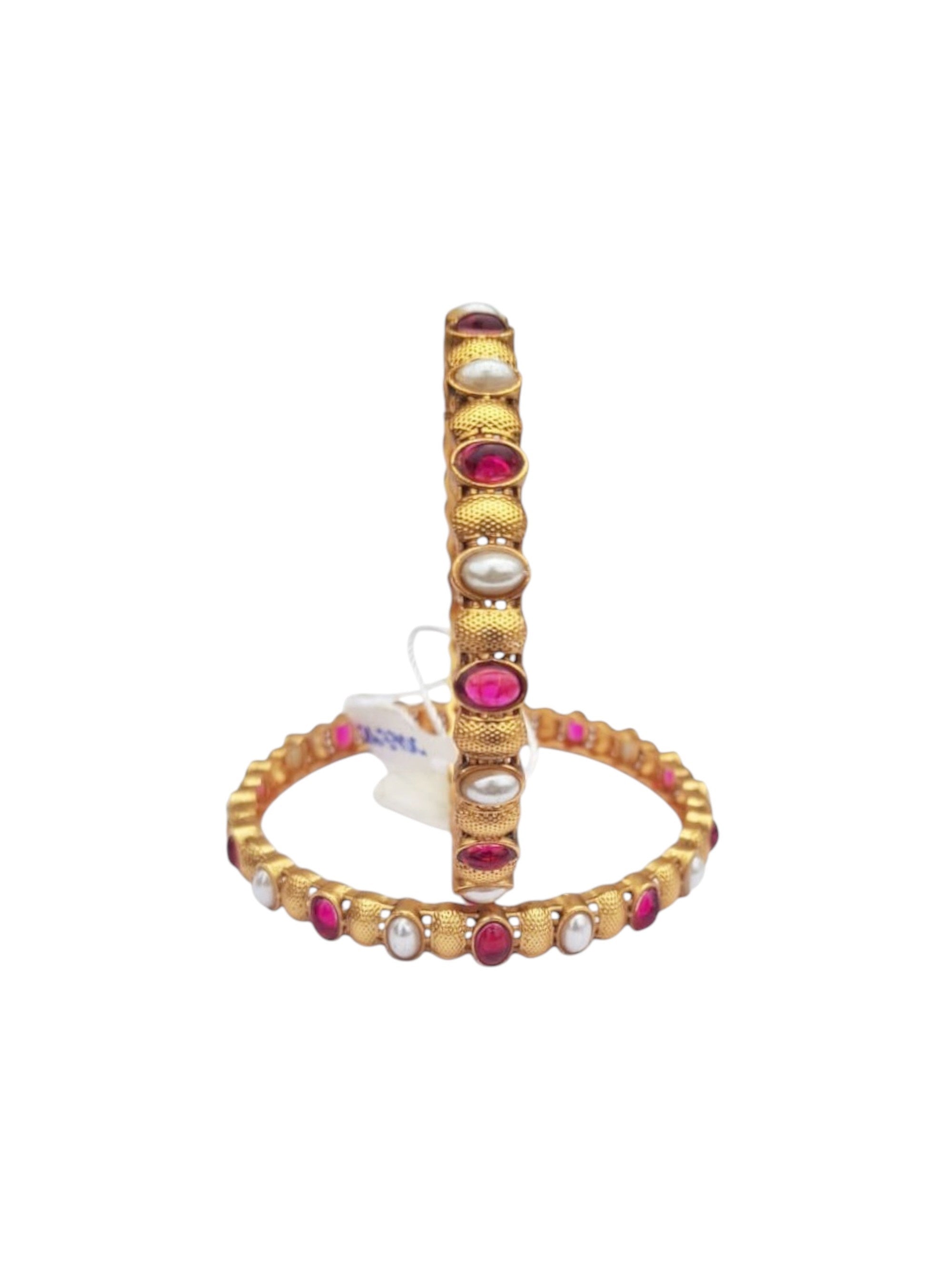 Gold plated Antique bangle with multicolor stones and pearl Set of 2 bangles