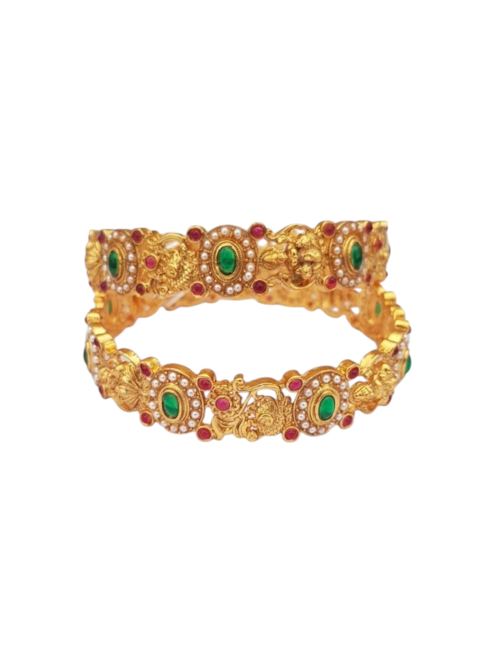 Gold plated Antique bangle with multicolor stones and pearl Set of 2 bangles