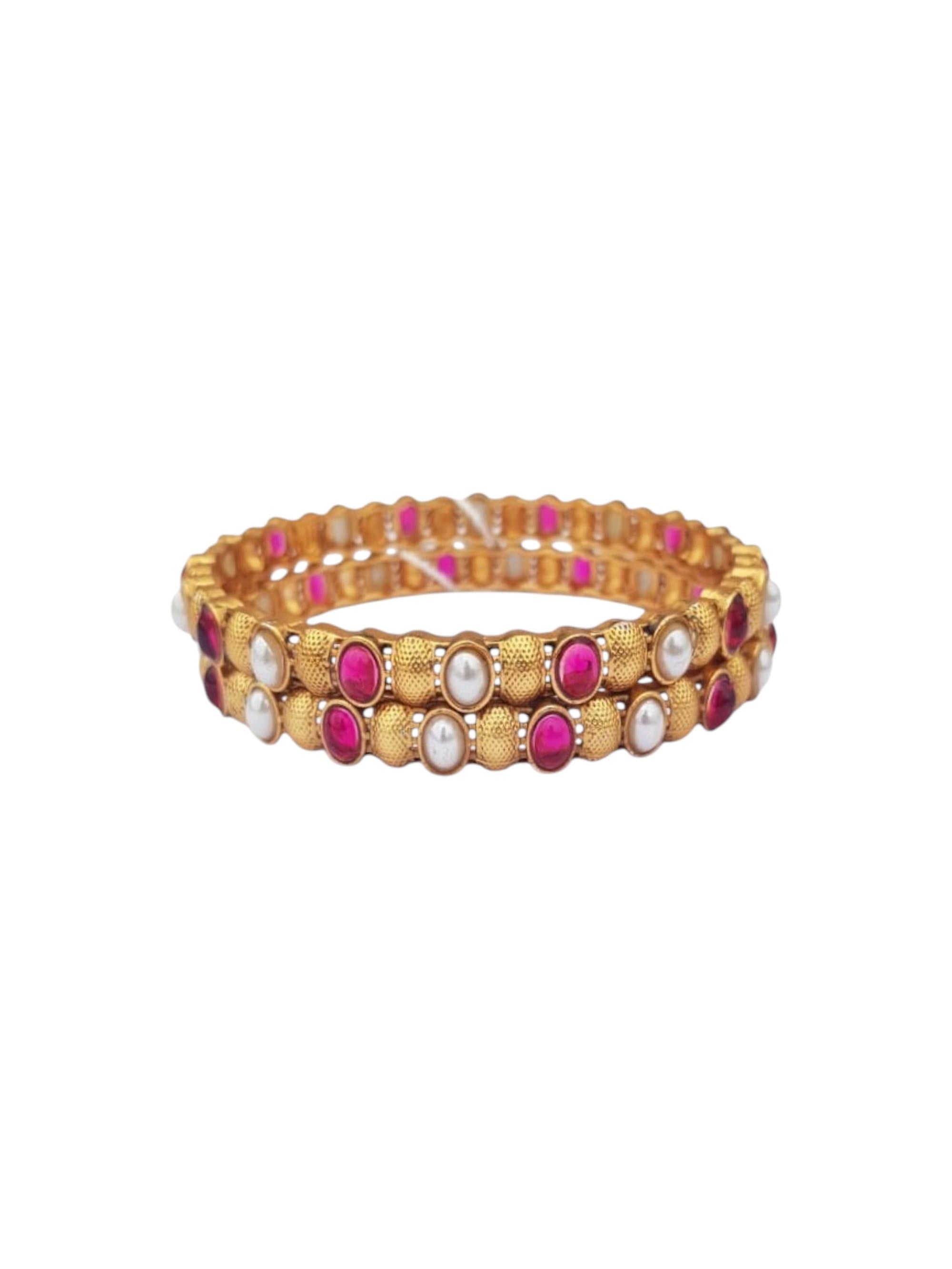 Gold plated Antique bangle with multicolor stones and pearl Set of 2 bangles