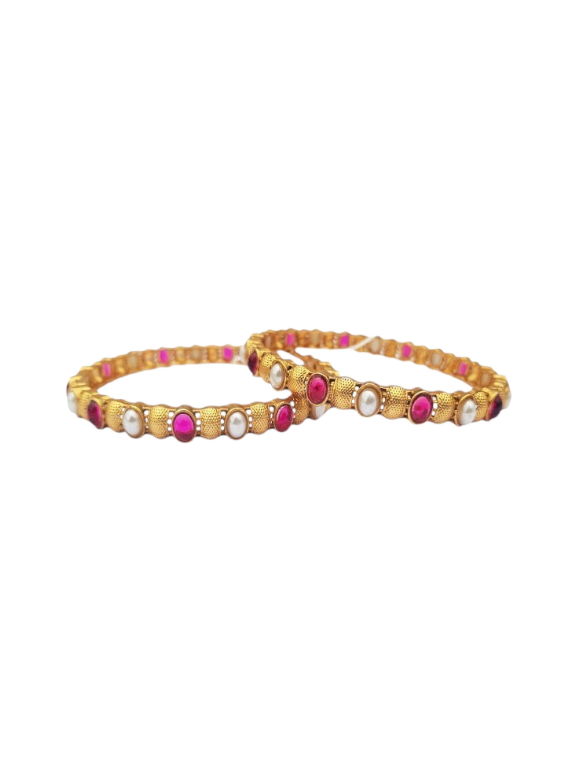Gold plated Antique bangle with multicolor stones and pearl Set of 2 bangles