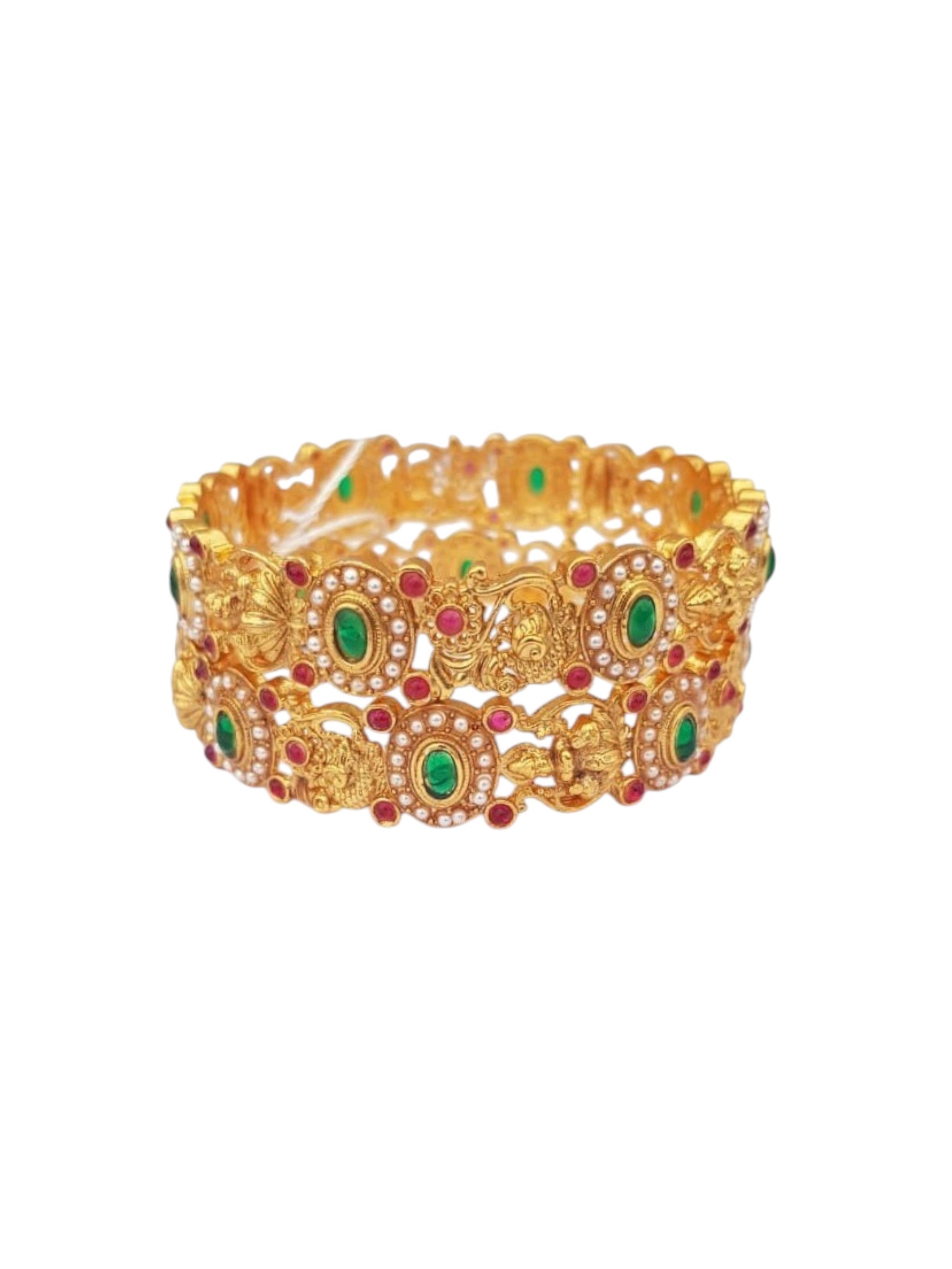 Gold plated Antique bangle with multicolor stones and pearl Set of 2 bangles