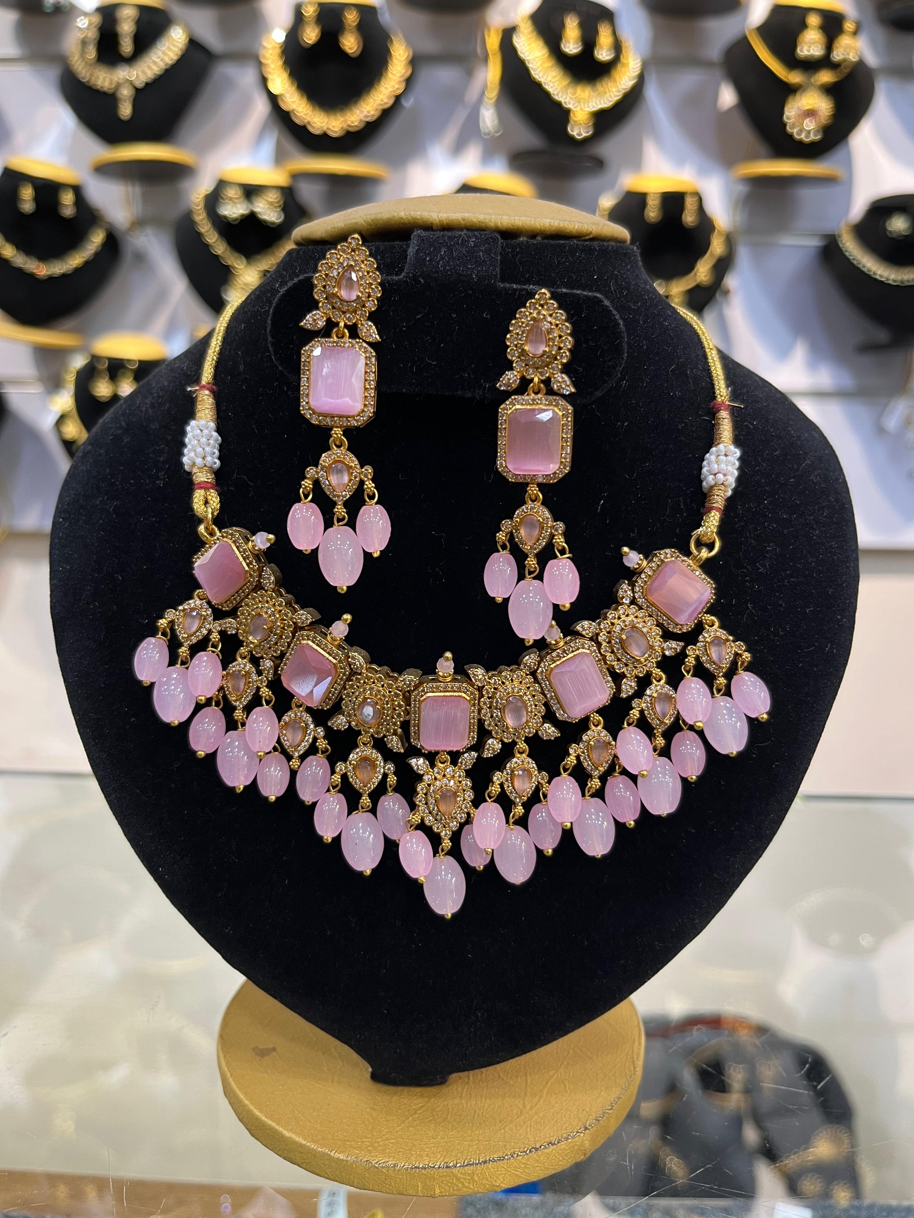 Nayanthara Premium Gold Plated Mint Pink Choker Set