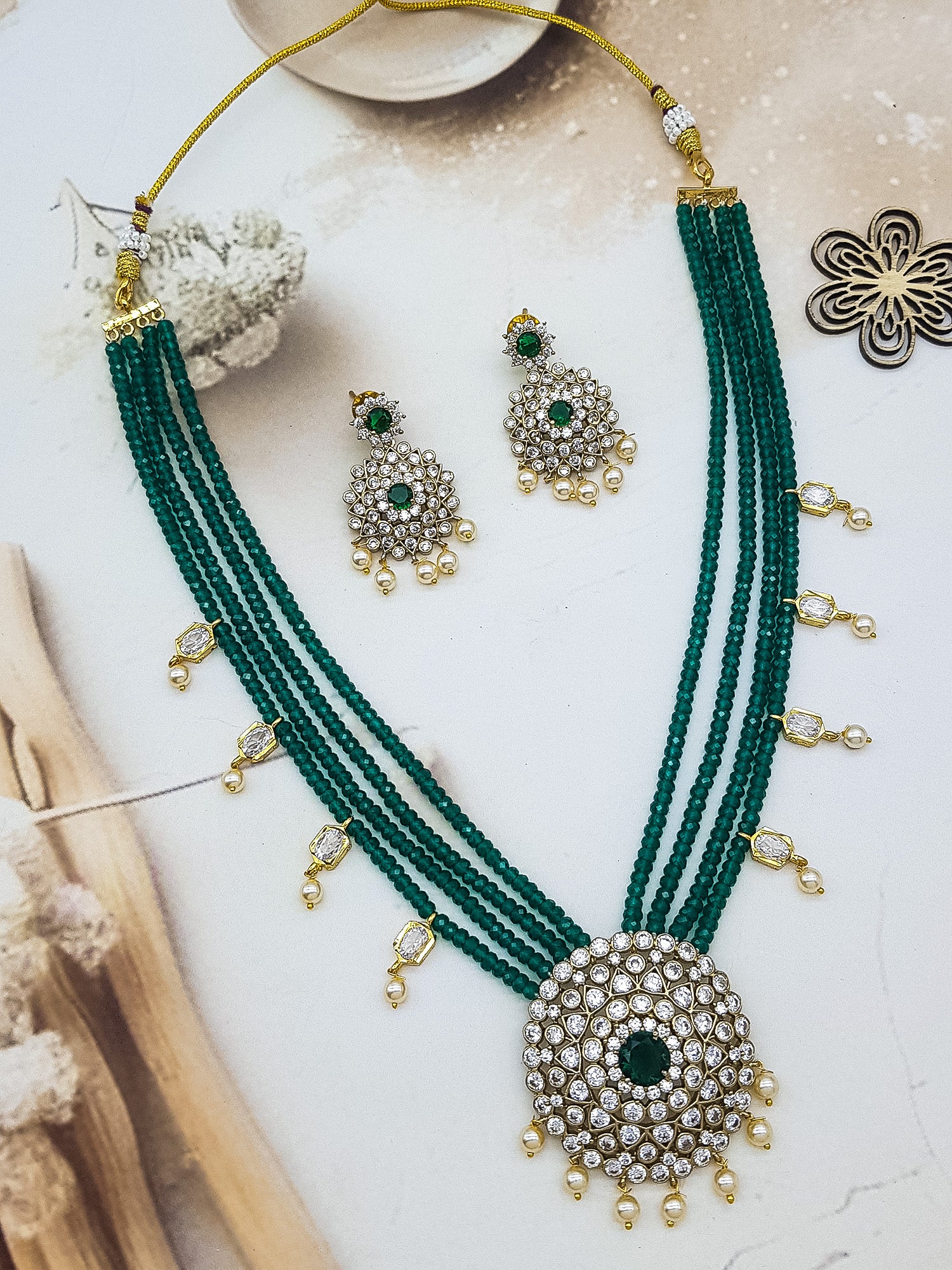 Green Crystal 20 inches necklace multilayer with kundan drops and Hyderabadi pearls