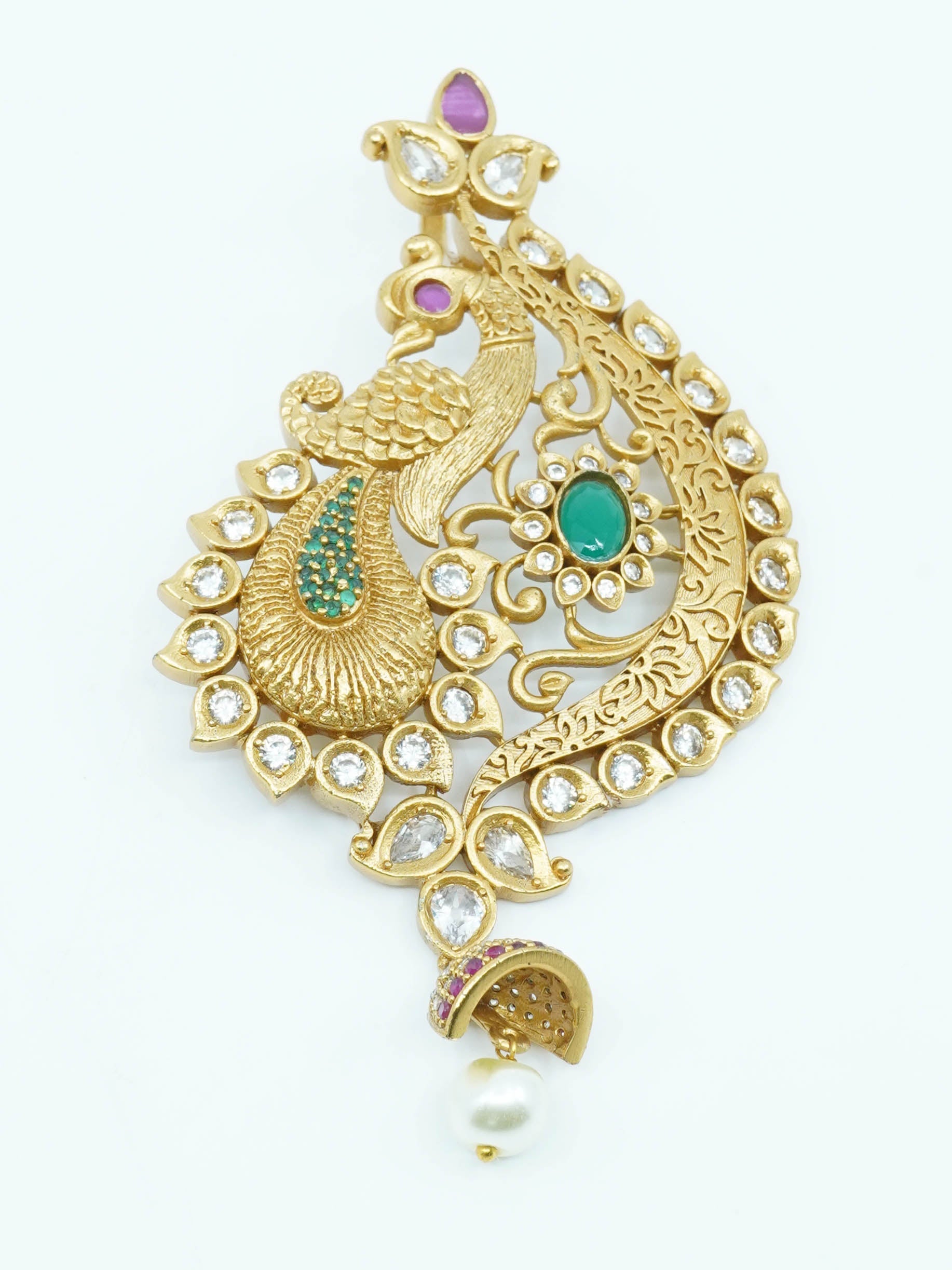 Antique Gold Finish Multi Color Stone Studded Peacock Pendant Set with pearl drops PPN11-690-3451N