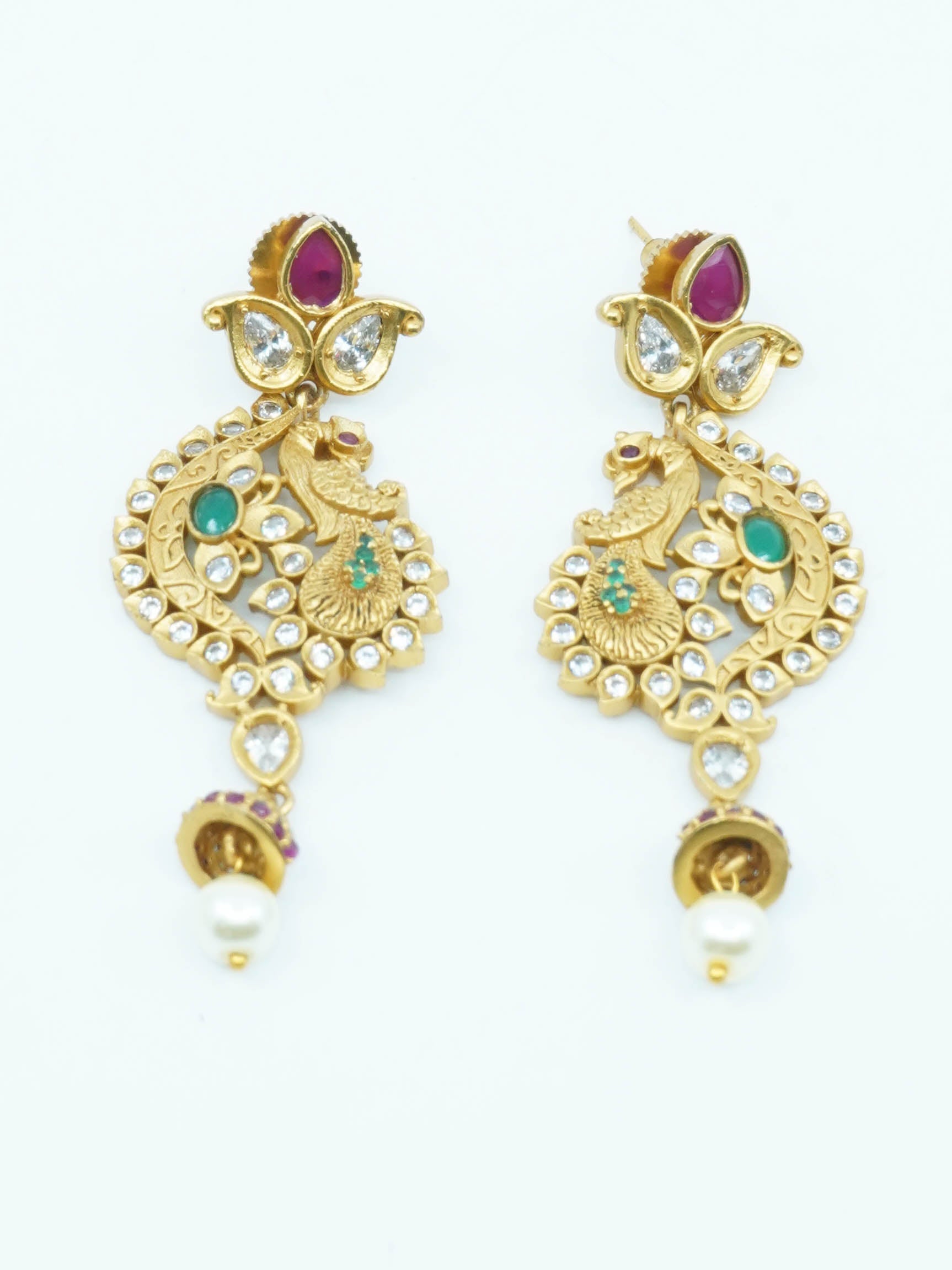 Antique Gold Finish Multi Color Stone Studded Peacock Pendant Set with pearl drops PPN11-690-3451N