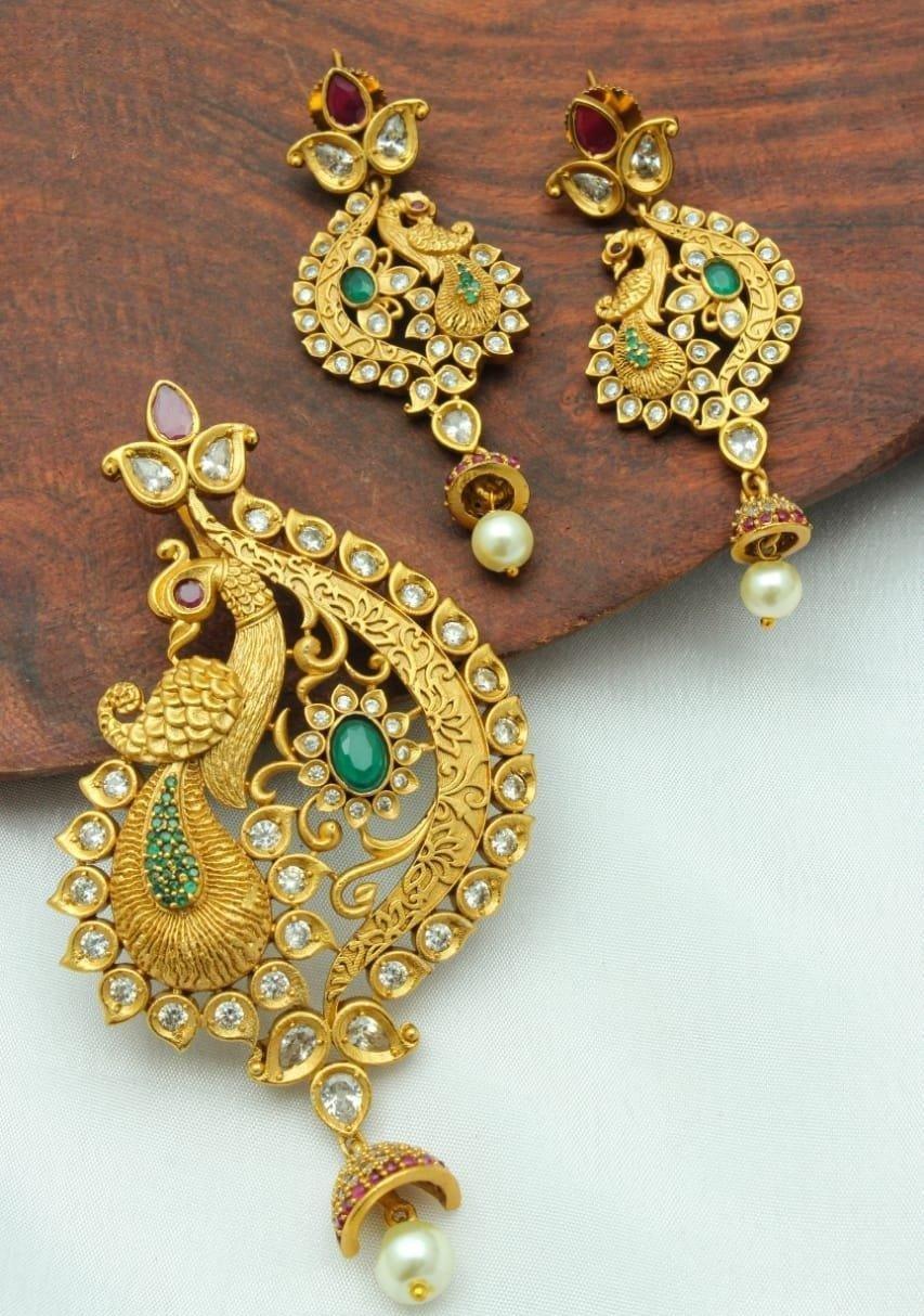 Antique Gold Finish Multi Color Stone Studded Peacock Pendant Set with pearl drops
