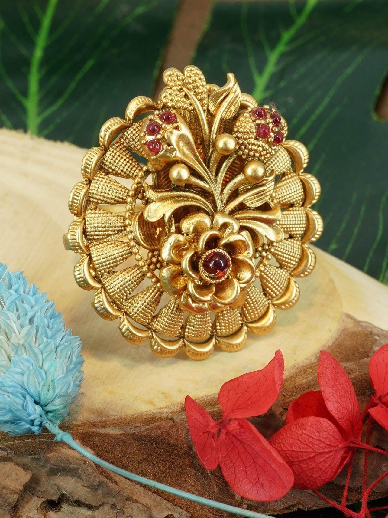 Antique Gold Plated Adjustable Size Designer Finger ring with Stones 11067N