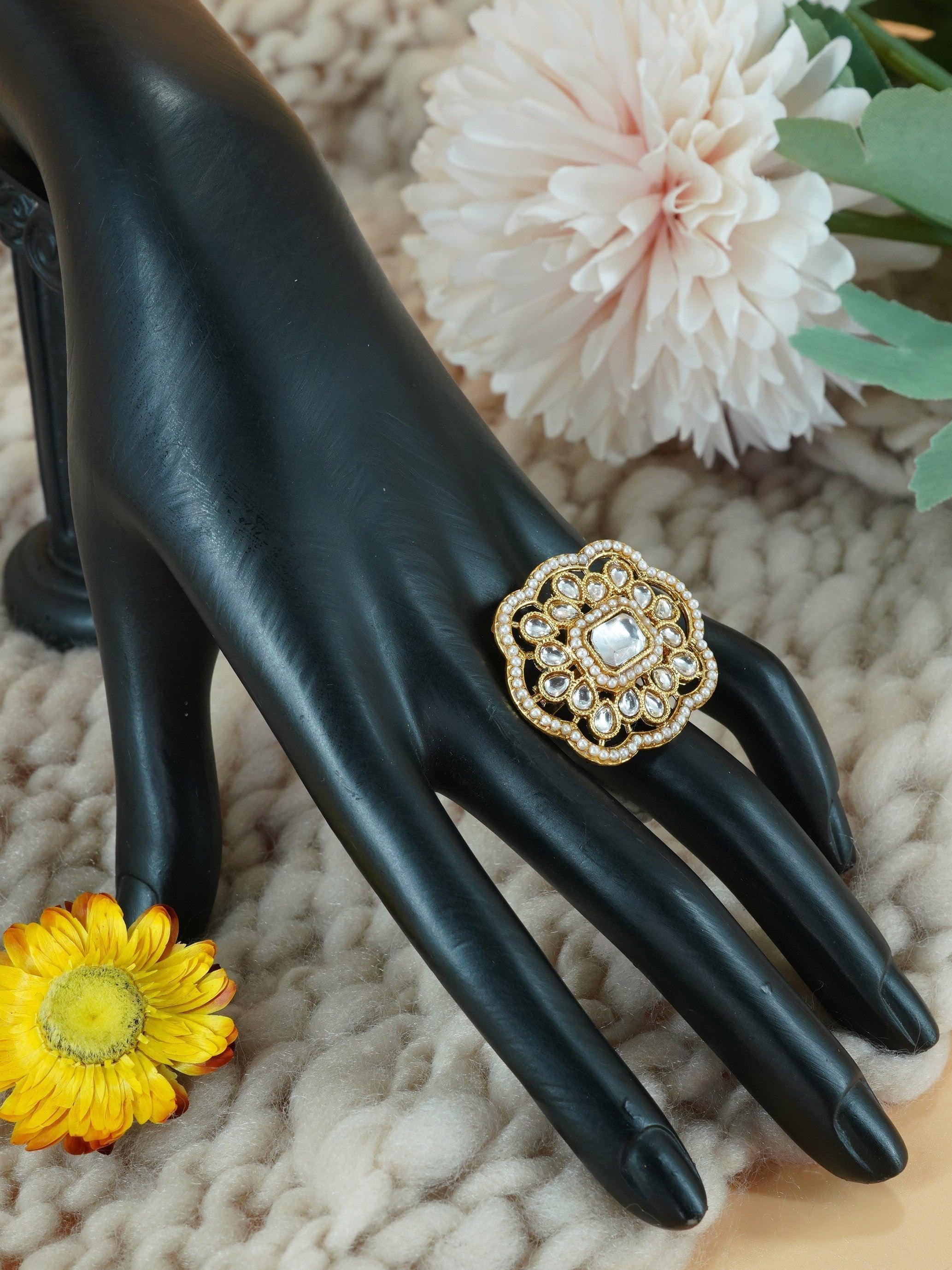 Antique Gold Plated Adjustable Size Designer Finger ring with Stones - Griiham