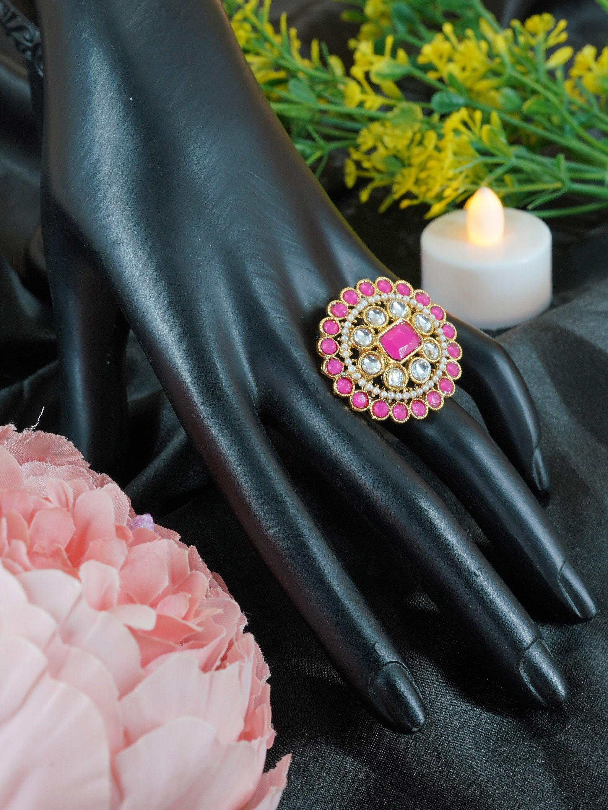 Antique Gold Plated Adjustable Size Designer Finger ring with Stones - Griiham