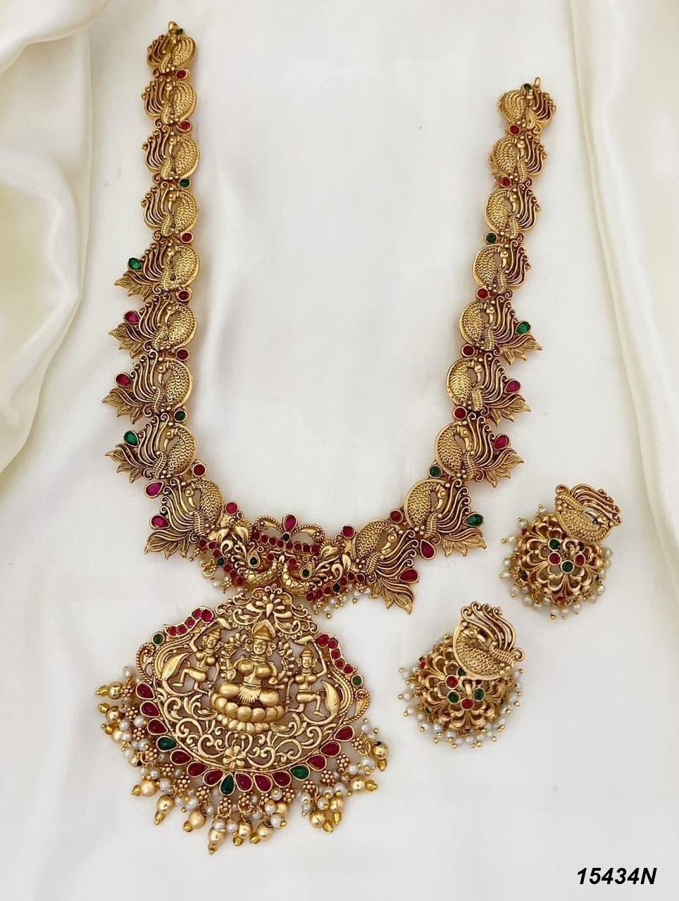 Antique Gold Plated Laxmi Long Necklace Set 15434N
