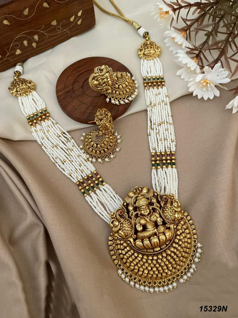 Antique Gold Plated Long AD Lakshmi Necklace Set 15329N