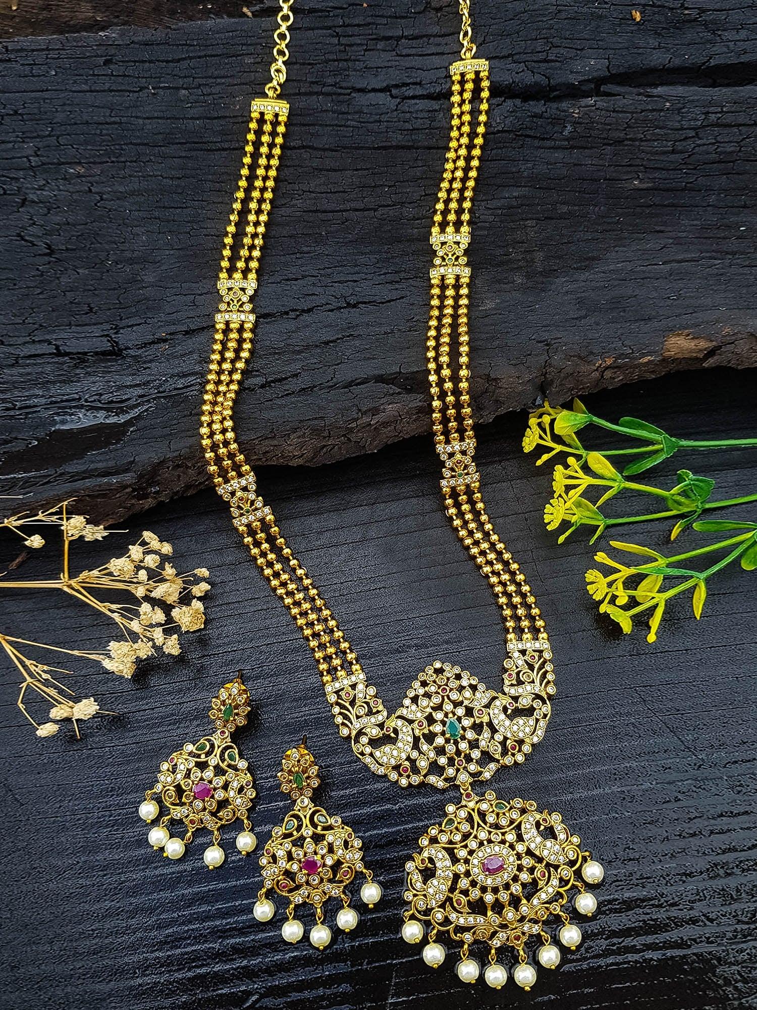 Antique Premium Gold Finish Multi Colour Stones Best Seller Peacock Long Hara Set