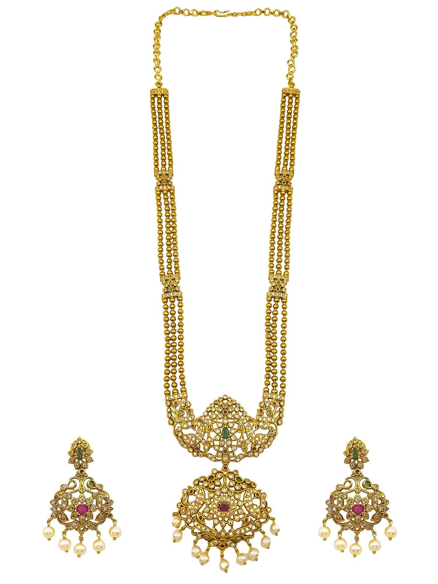 Antique Premium Gold Finish Multi Colour Stones Best Seller Peacock Long Hara Set