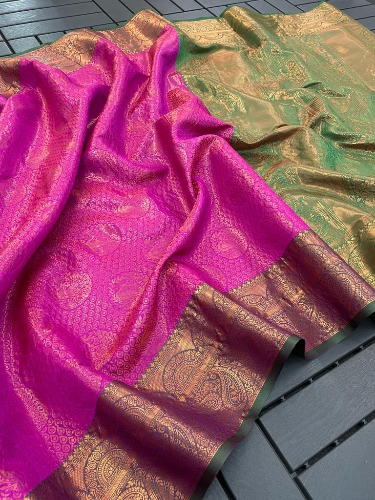 Banarasi Handloom Kanchipuram  Semi Silk copper zari work Sarees 16723N